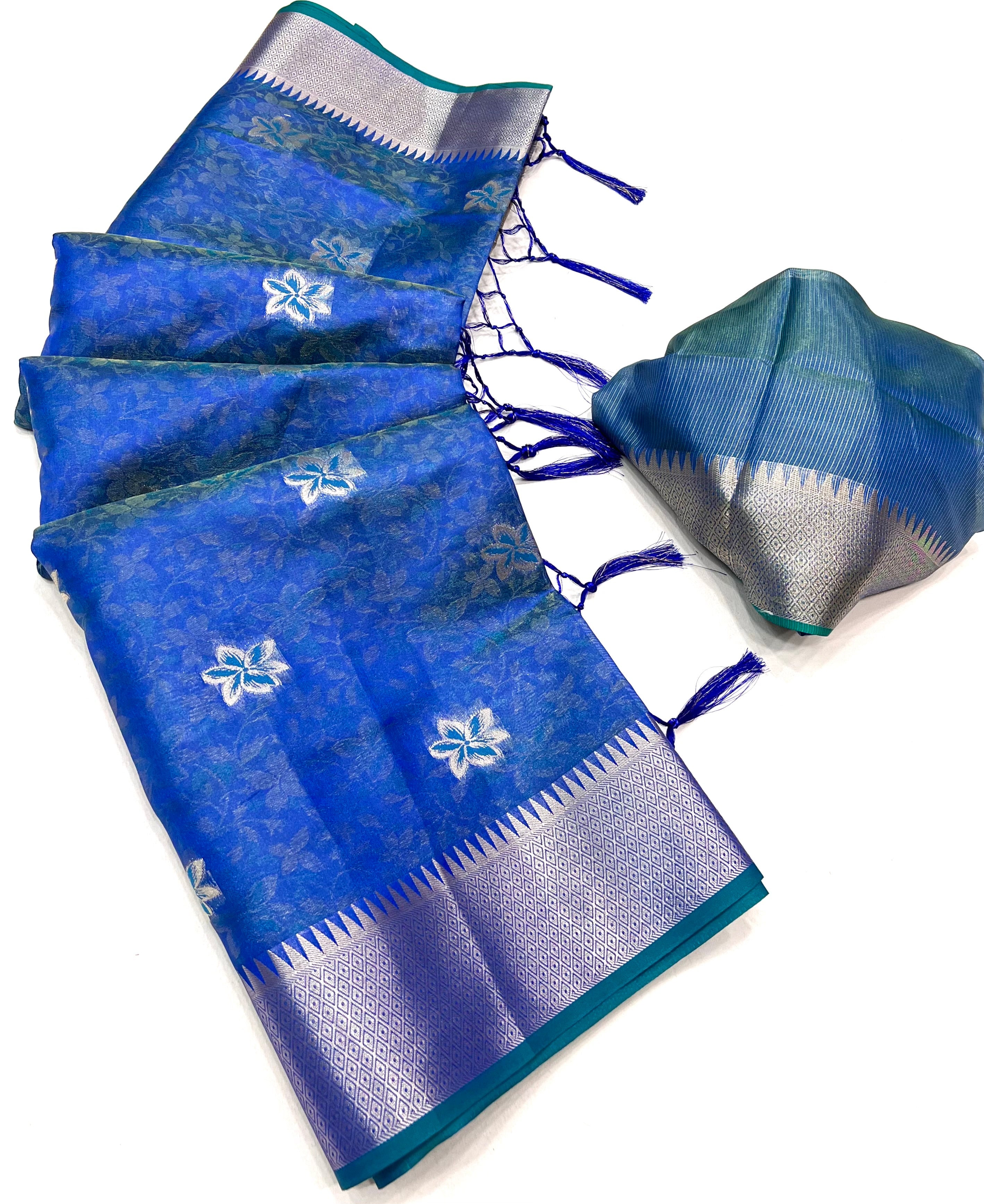 Norway Blue Dual Tone Banarasi Organza Silk Saree