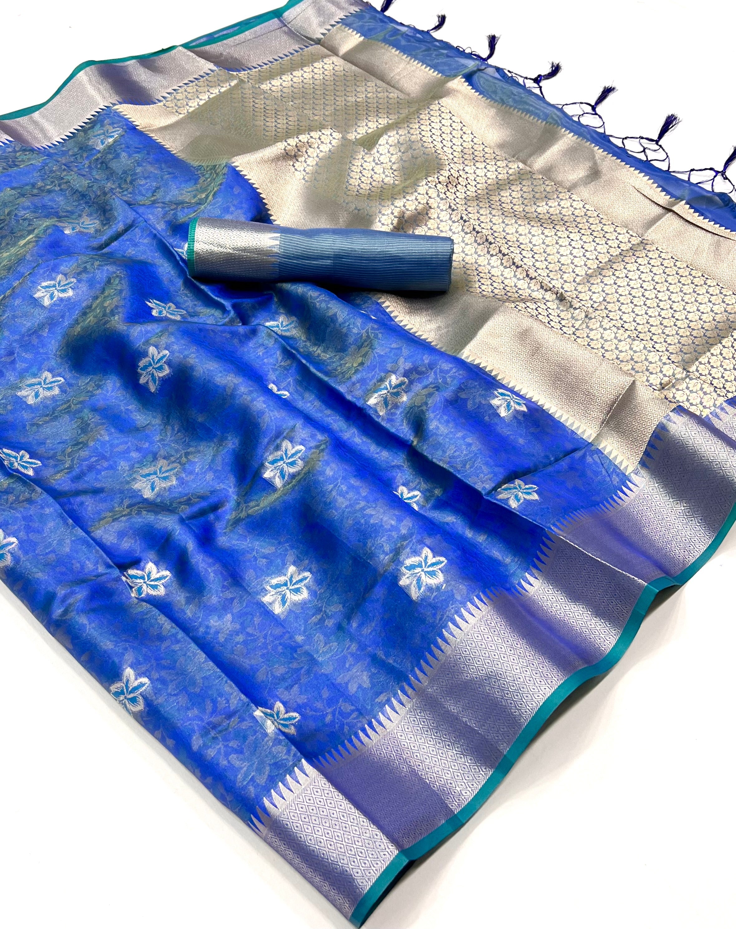 Norway Blue Dual Tone Banarasi Organza Silk Saree