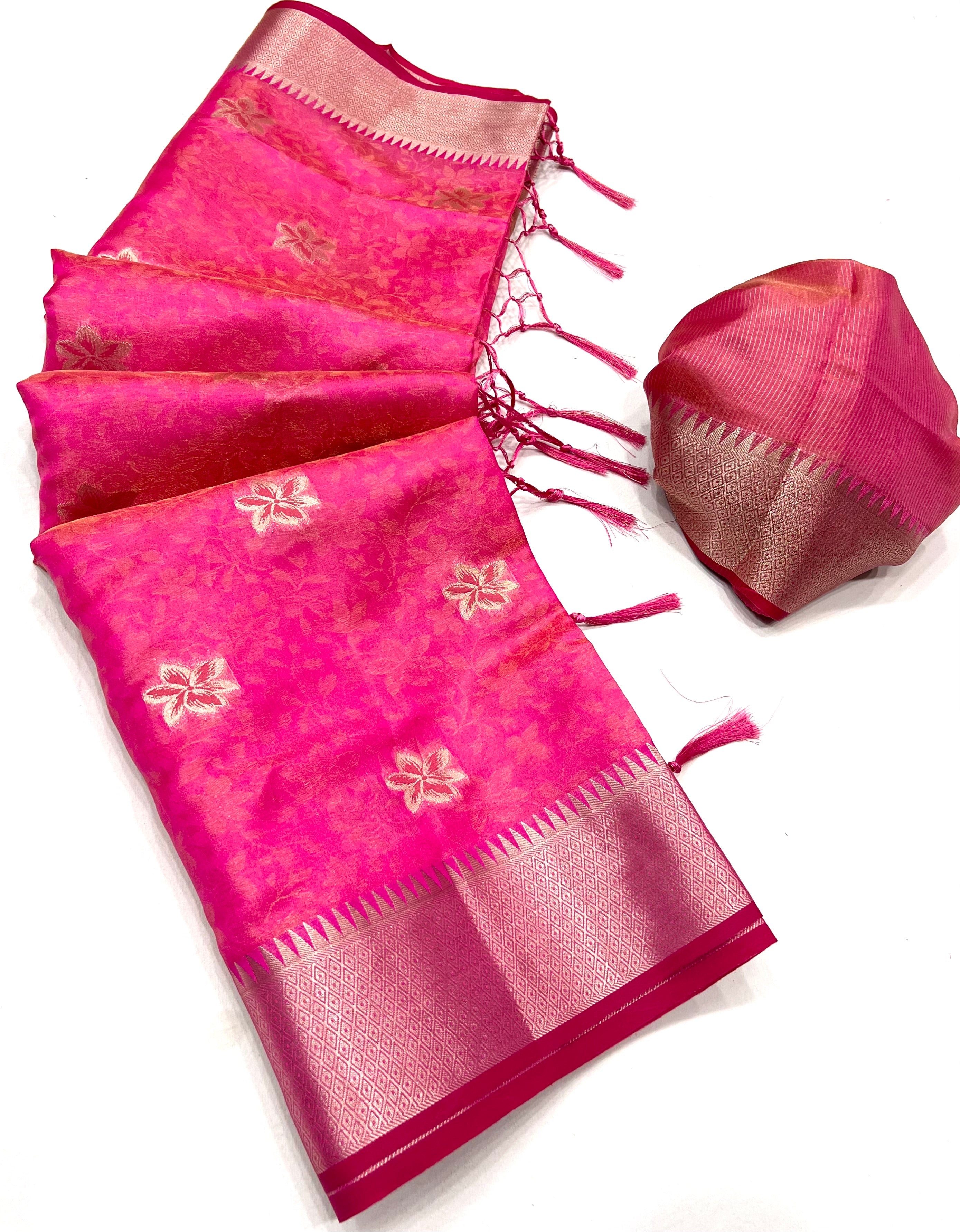 Fiery Rose Pink Dual Tone Banarasi Organza Silk Saree