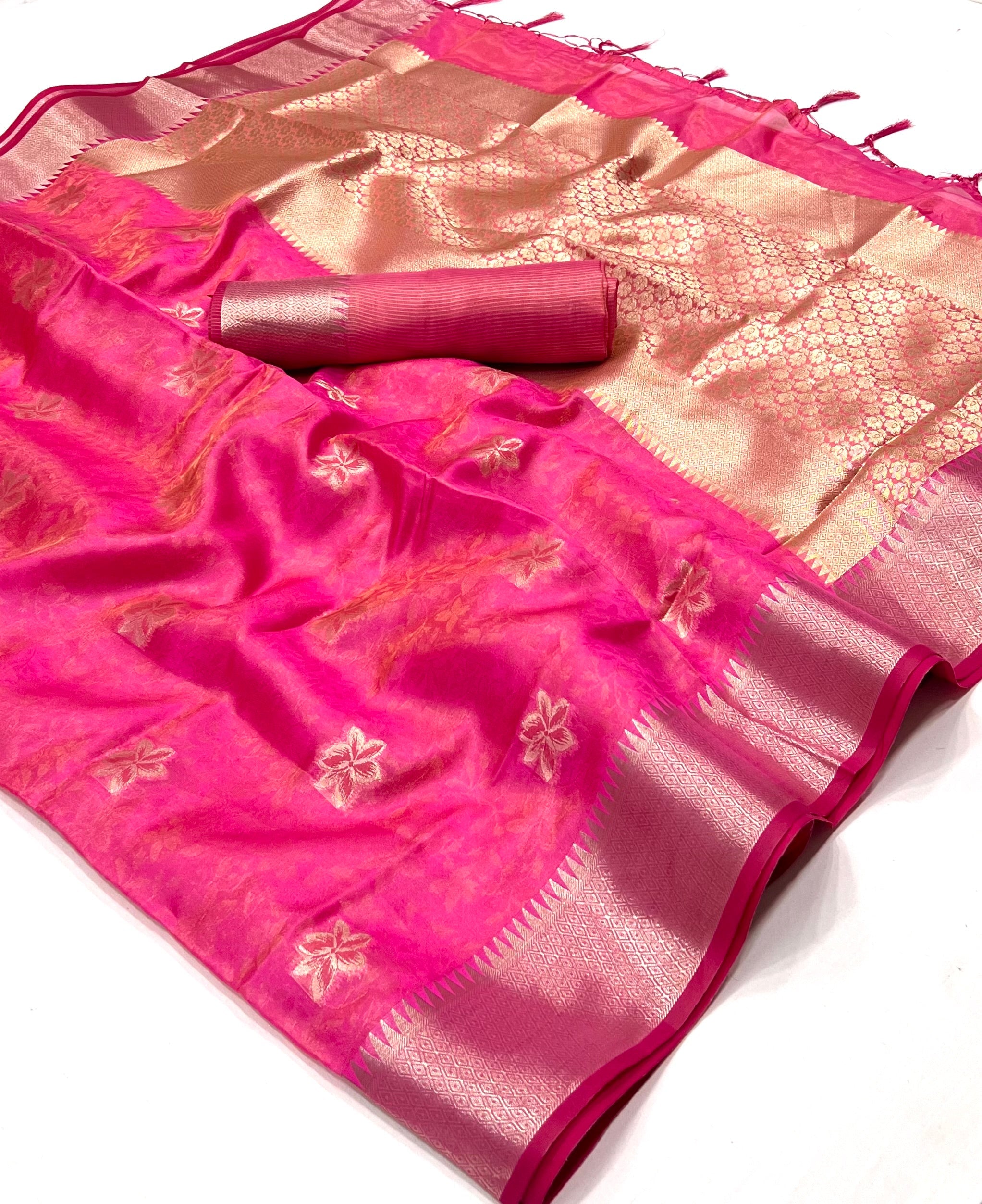 Fiery Rose Pink Dual Tone Banarasi Organza Silk Saree