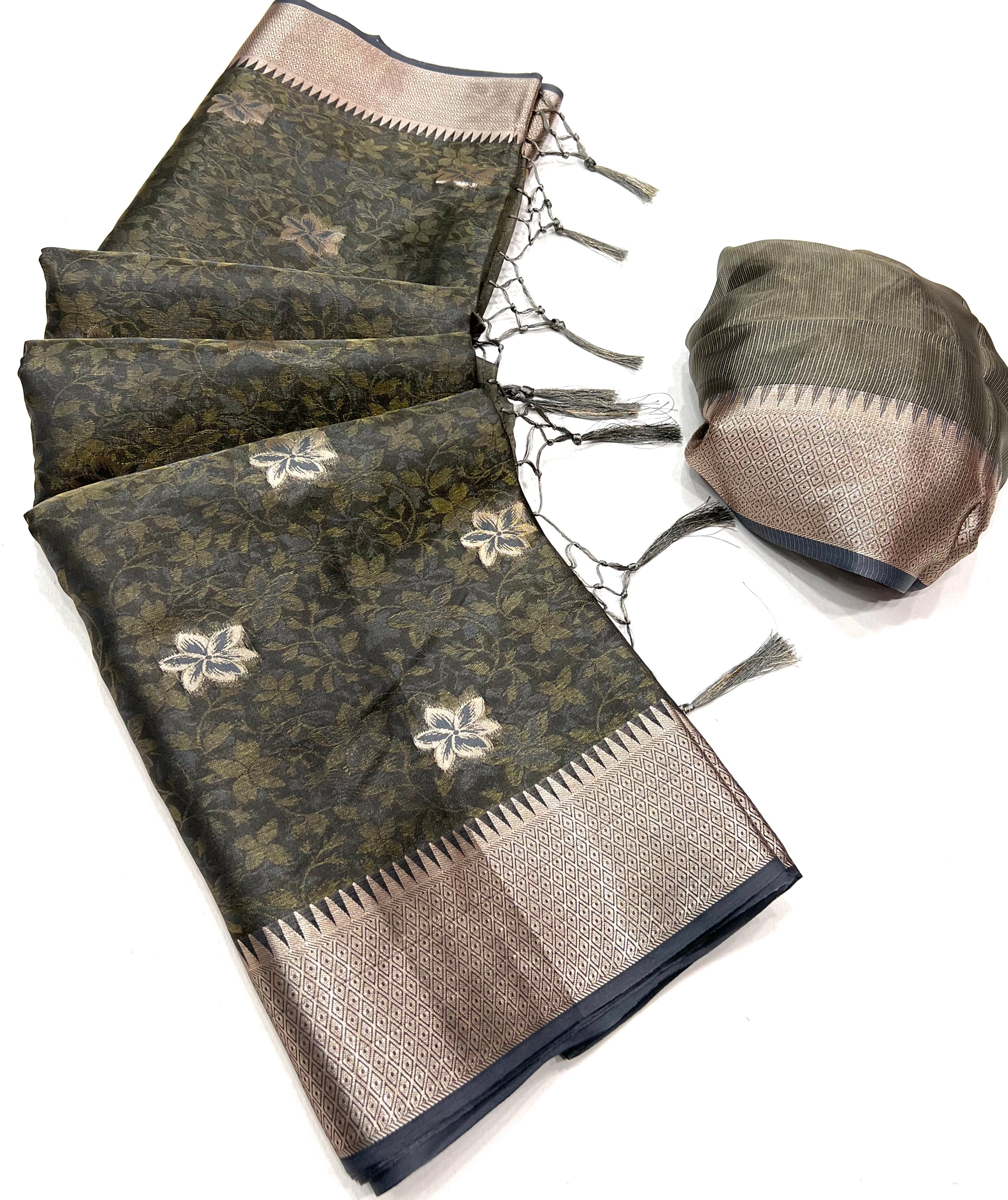 Cement Grey Dual Tone Banarasi Organza Silk Saree