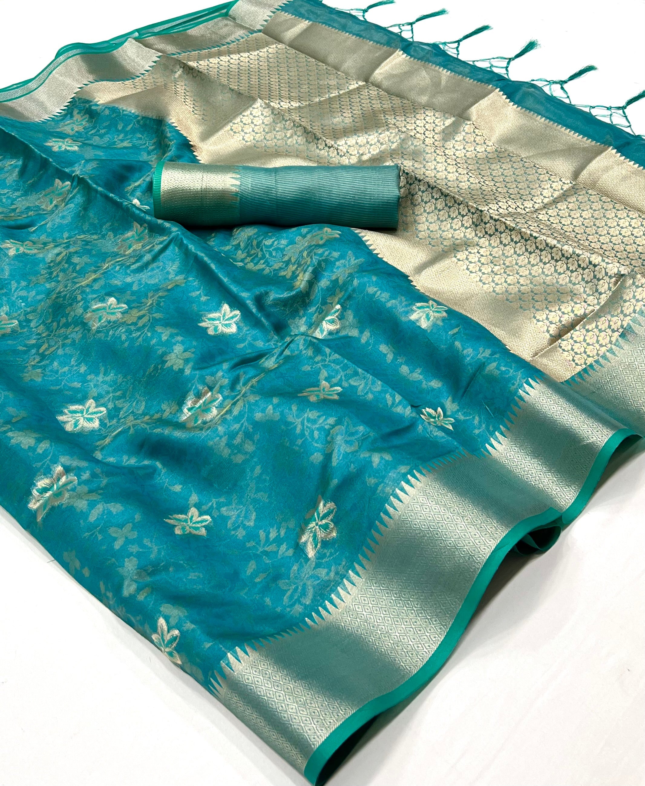 Highland Green Dual Tone Banarasi Organza Silk Saree