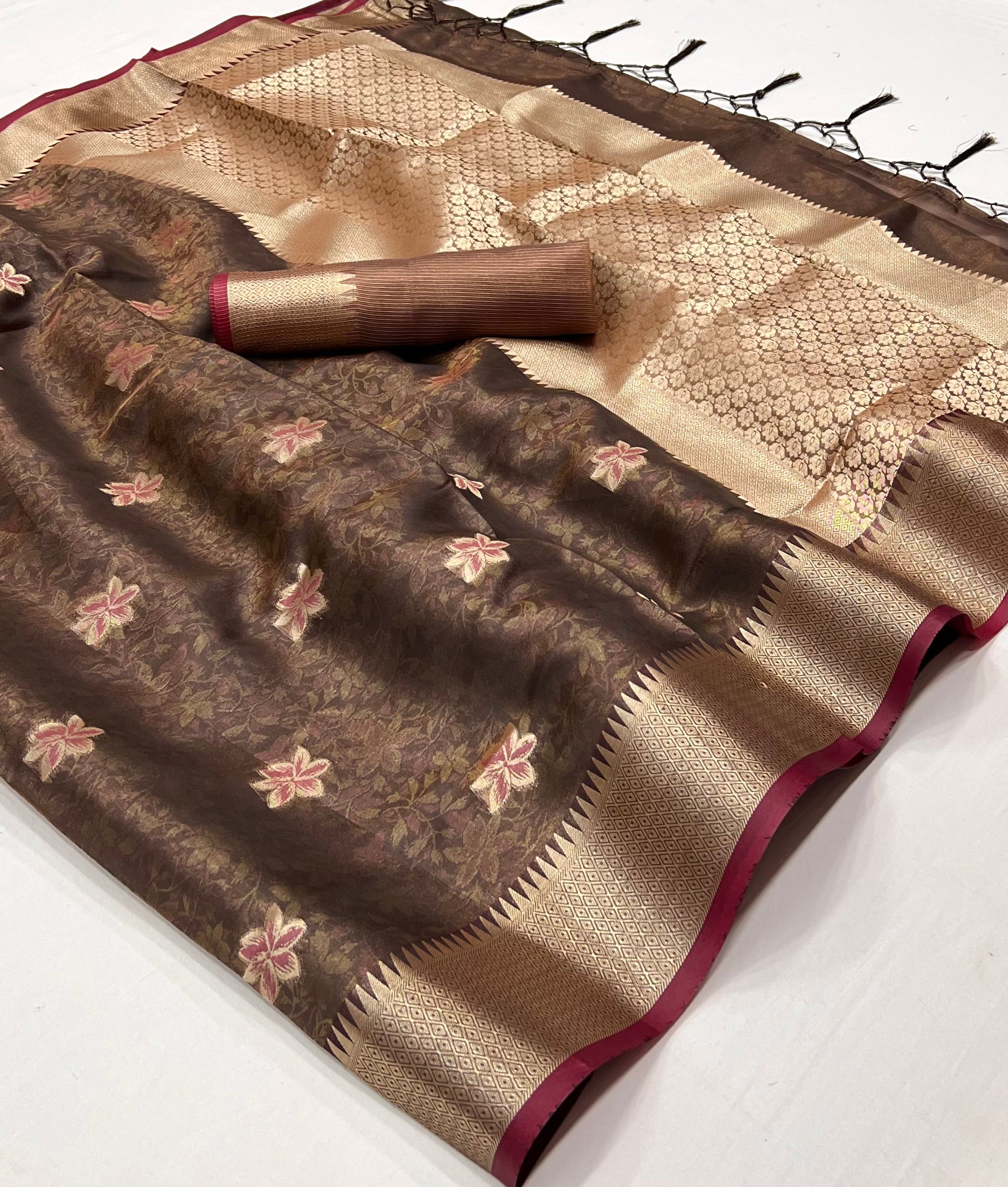 Deep Fir Brown Dual Tone Banarasi Organza Silk Saree