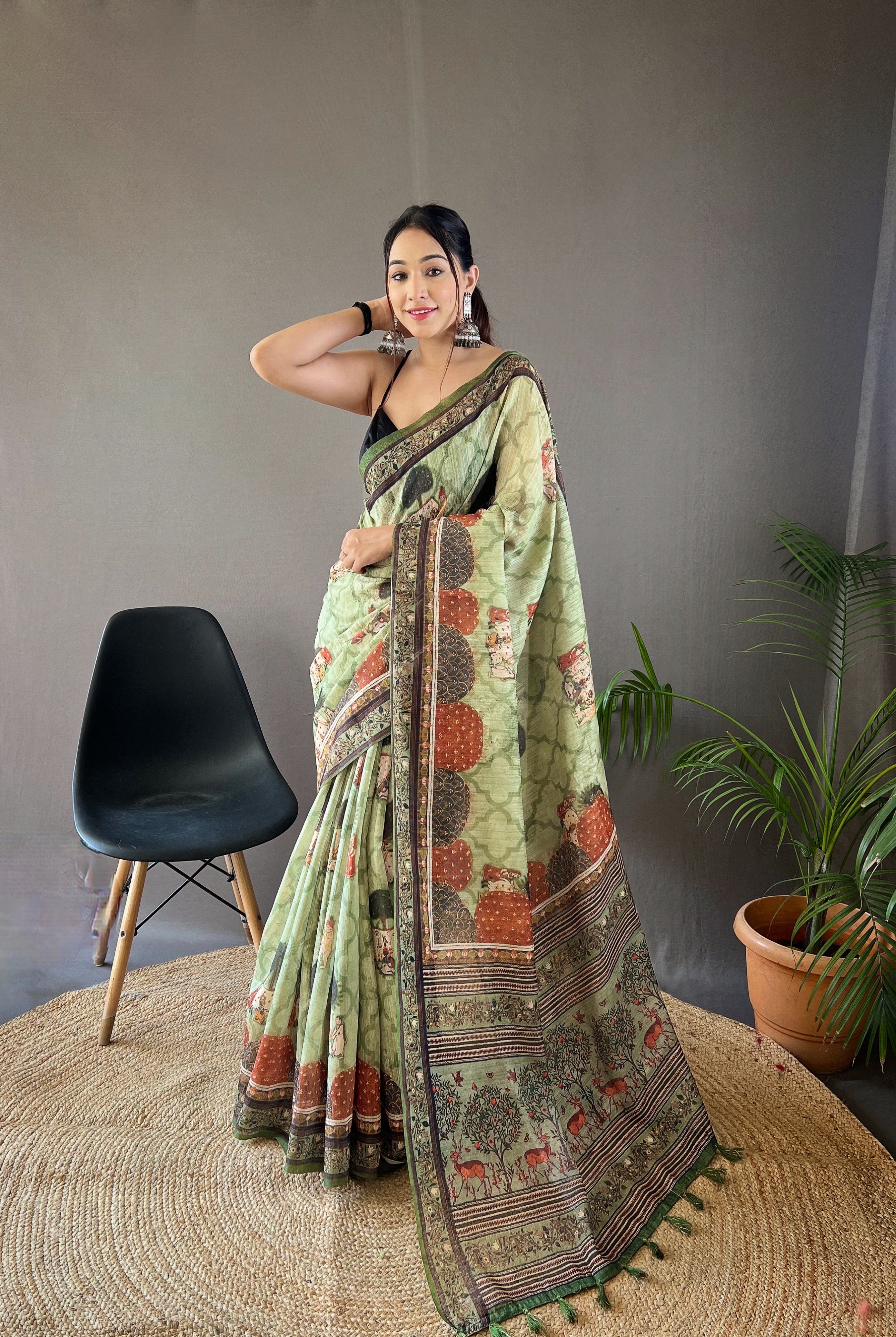 Pure Soft Cotton Tussar Silk Saree with Elegant Prints and Contrast Pallu