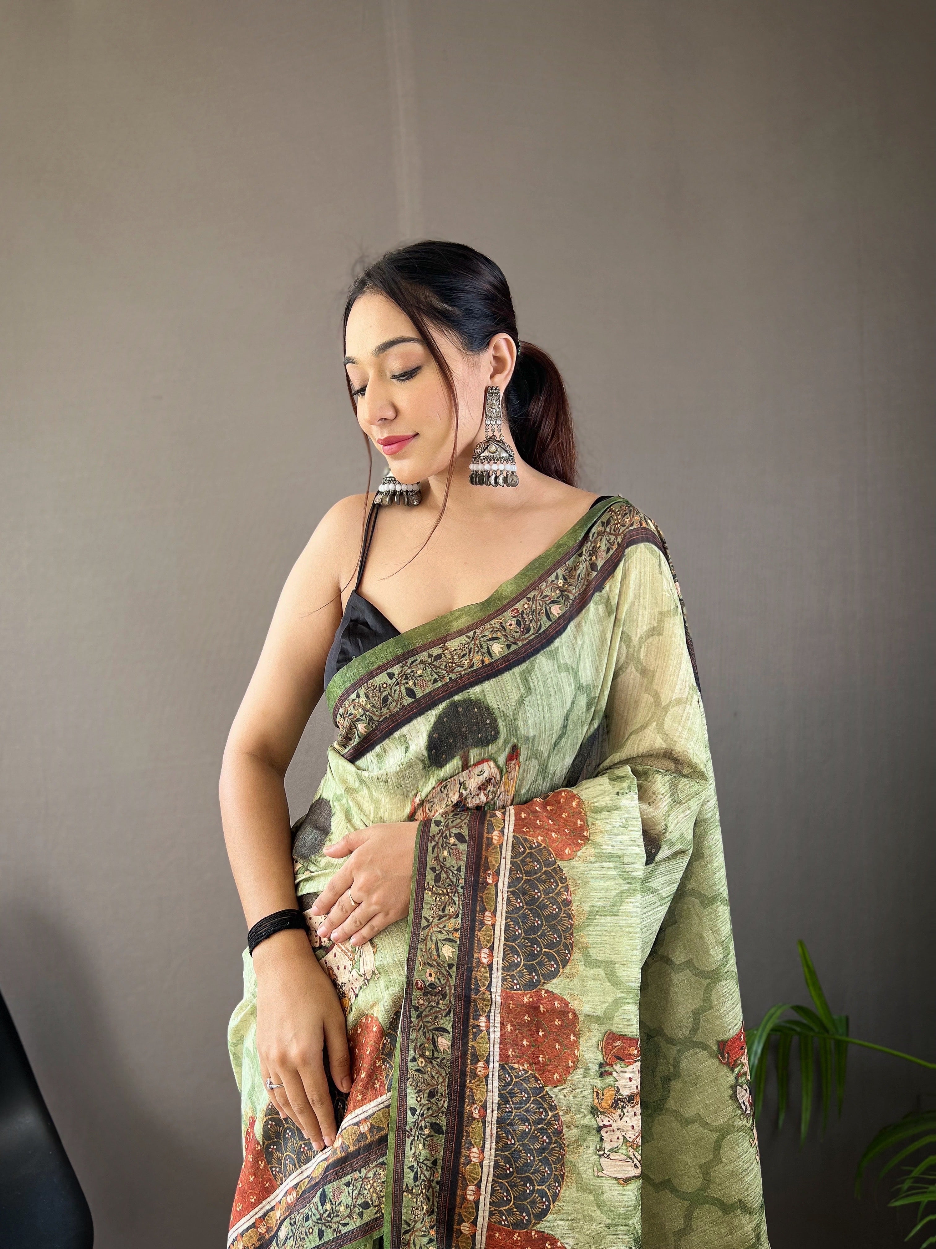 Light Green Color Pure Soft Cotton Tussar Silk Saree with Elegant Prints and Contrast Pallu