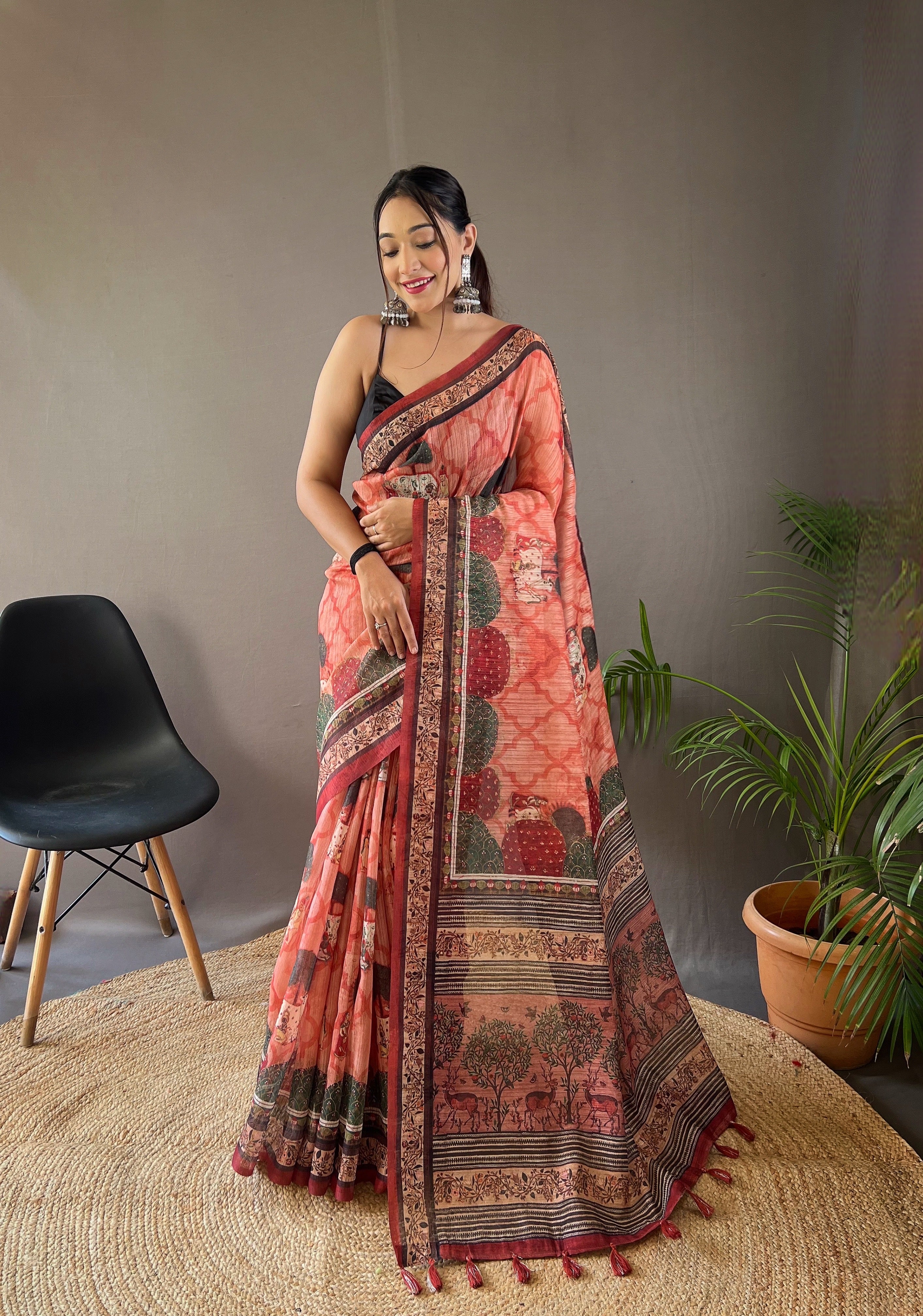 Pure Soft Cotton Tussar Silk Saree with Elegant Prints and Contrast Pallu