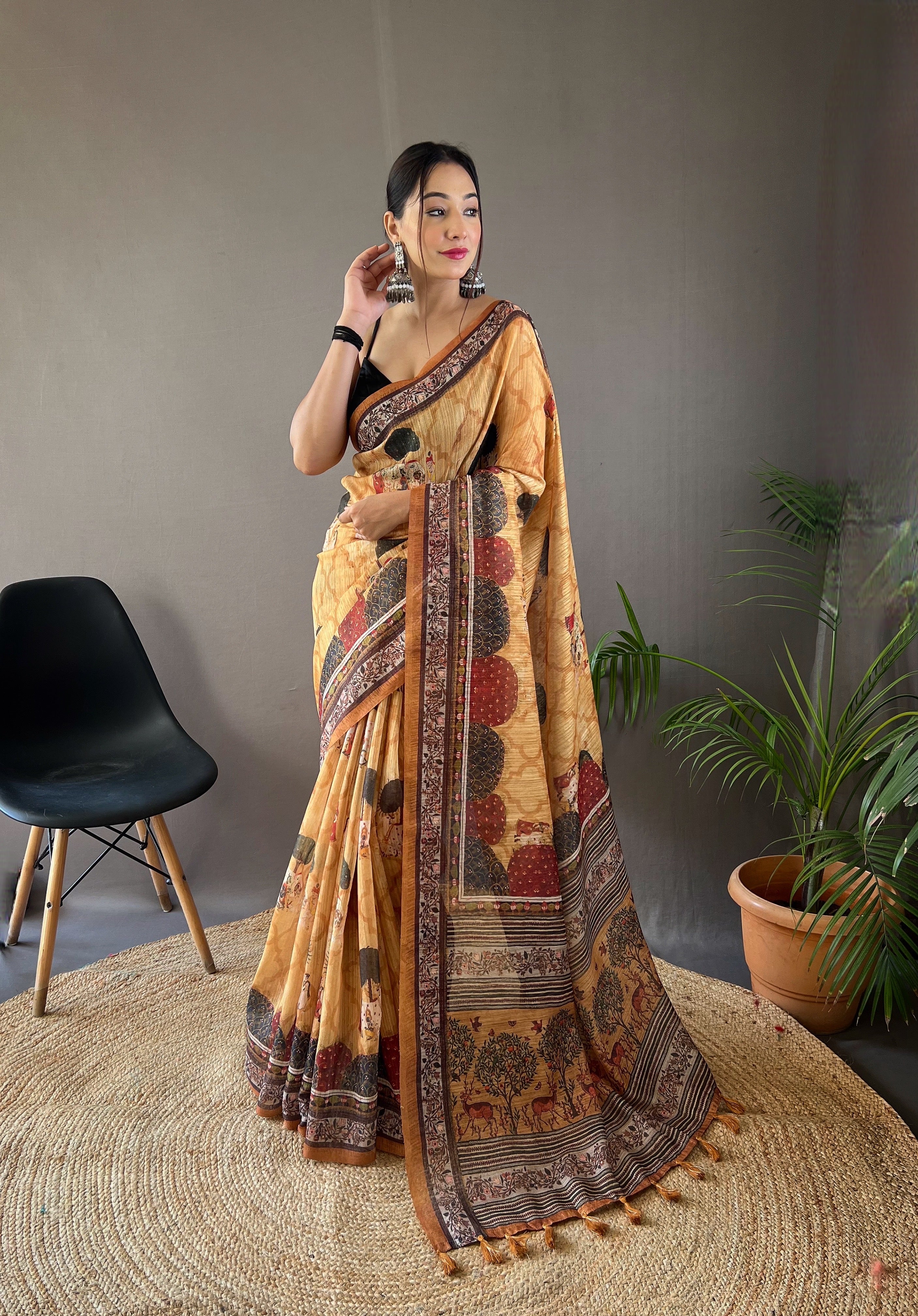 Yellow Color Pure Soft Cotton Tussar Silk Saree with Elegant Prints and Contrast Pallu