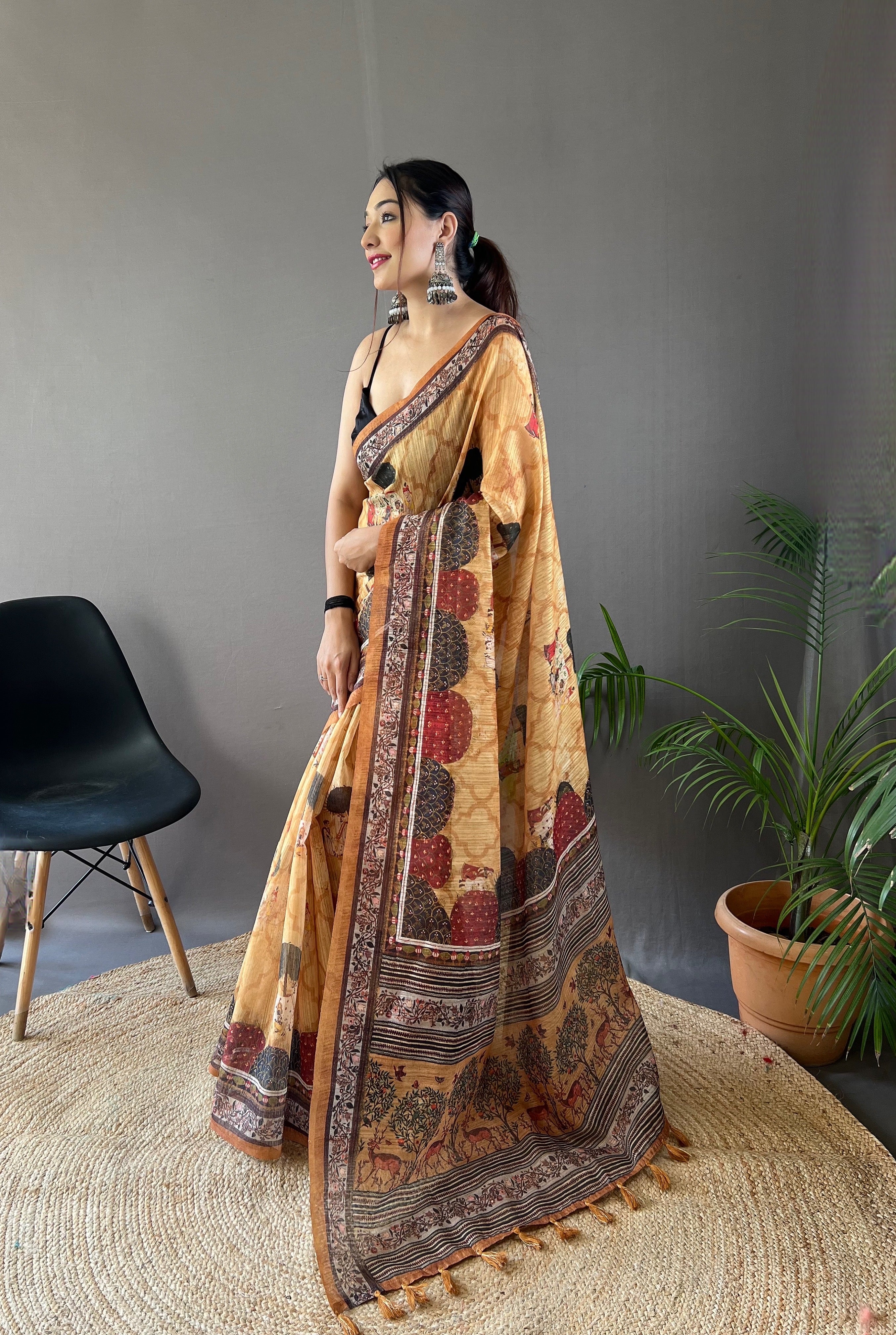 Pure Soft Cotton Tussar Silk Saree with Elegant Prints and Contrast Pallu