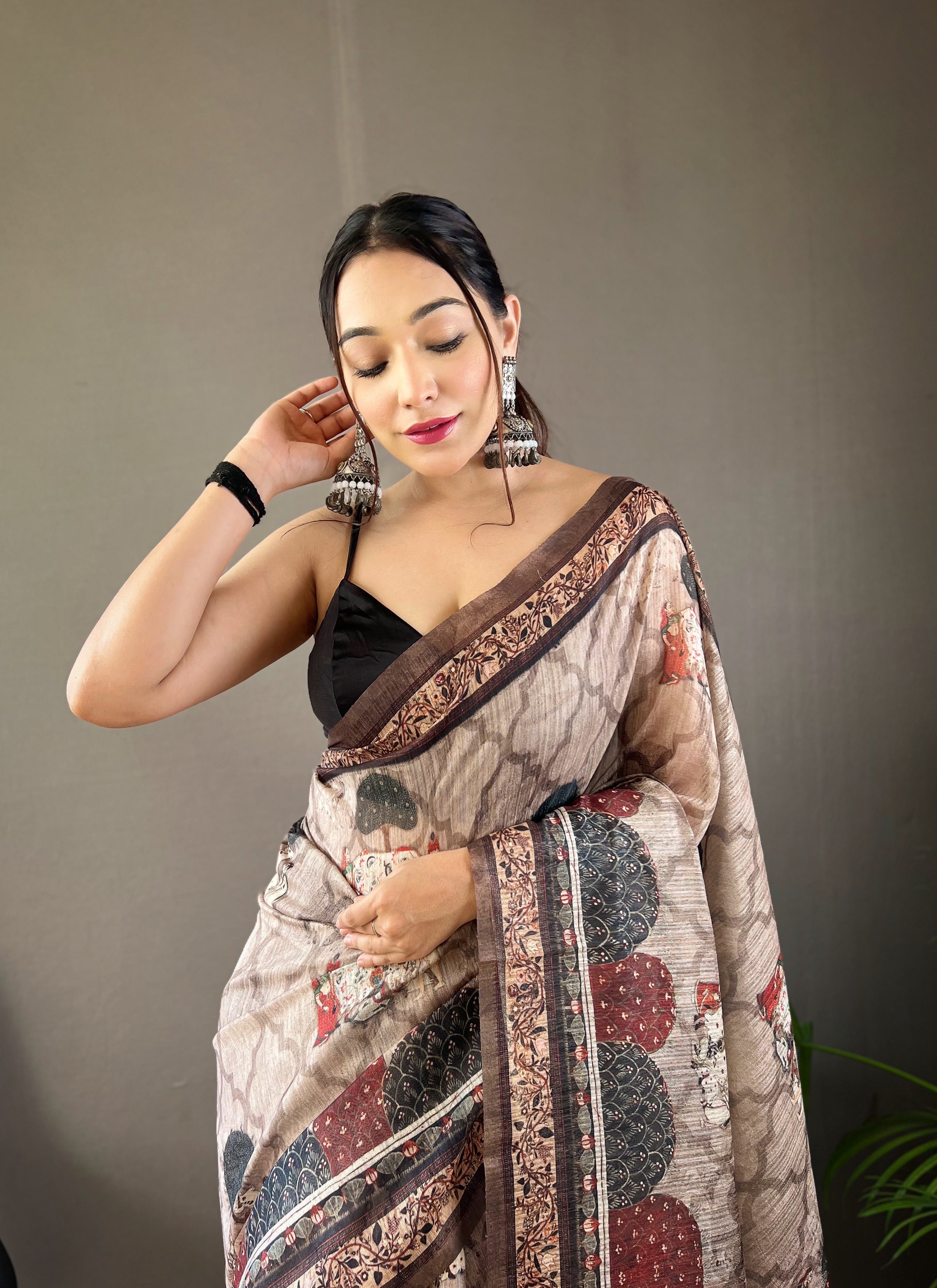 Pure Soft Cotton Tussar Silk Saree with Elegant Prints and Contrast Pallu