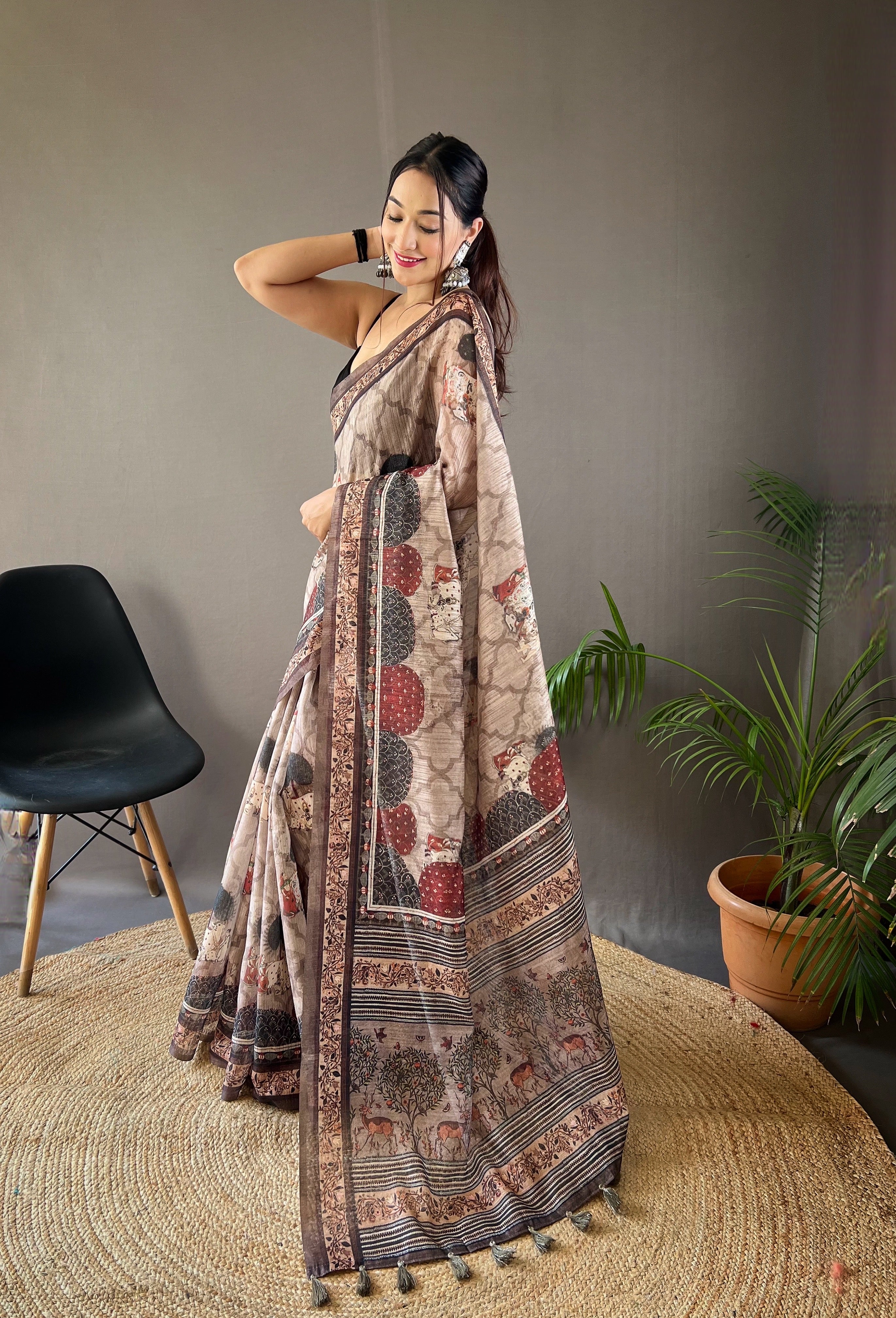 Pure Soft Cotton Tussar Silk Saree with Elegant Prints and Contrast Pallu