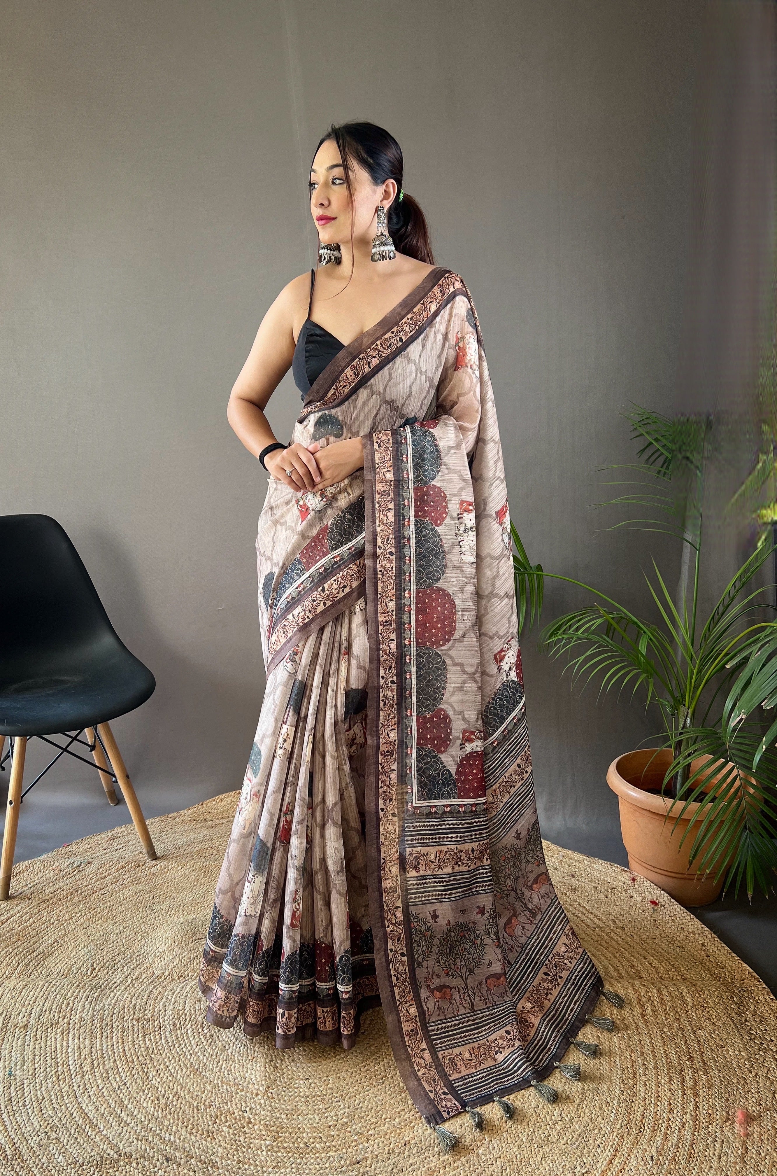 Light Brown Color Pure Soft Cotton Tussar Silk Saree with Elegant Prints and Contrast Pallu