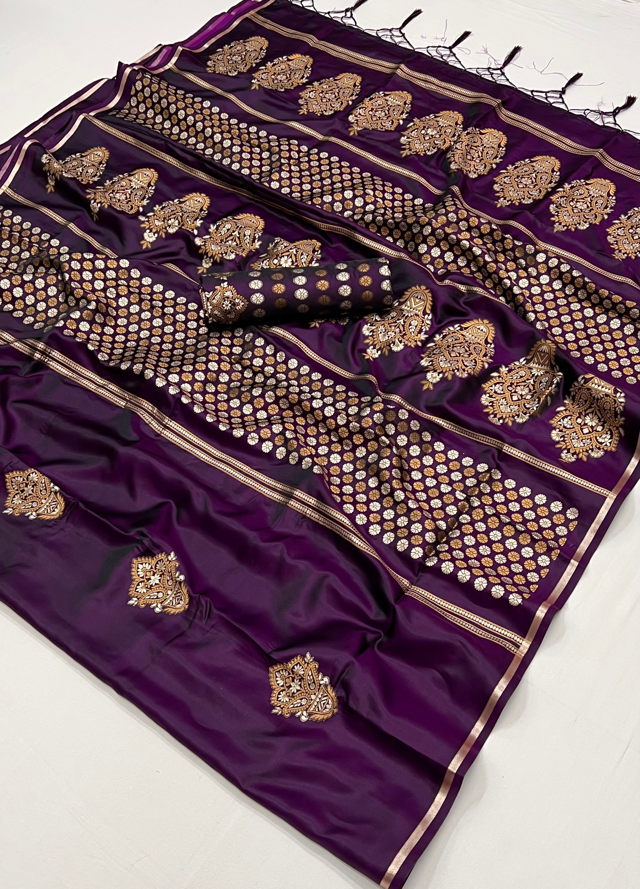 Eggplant Purple Woven Banarasi Satin Silk Saree