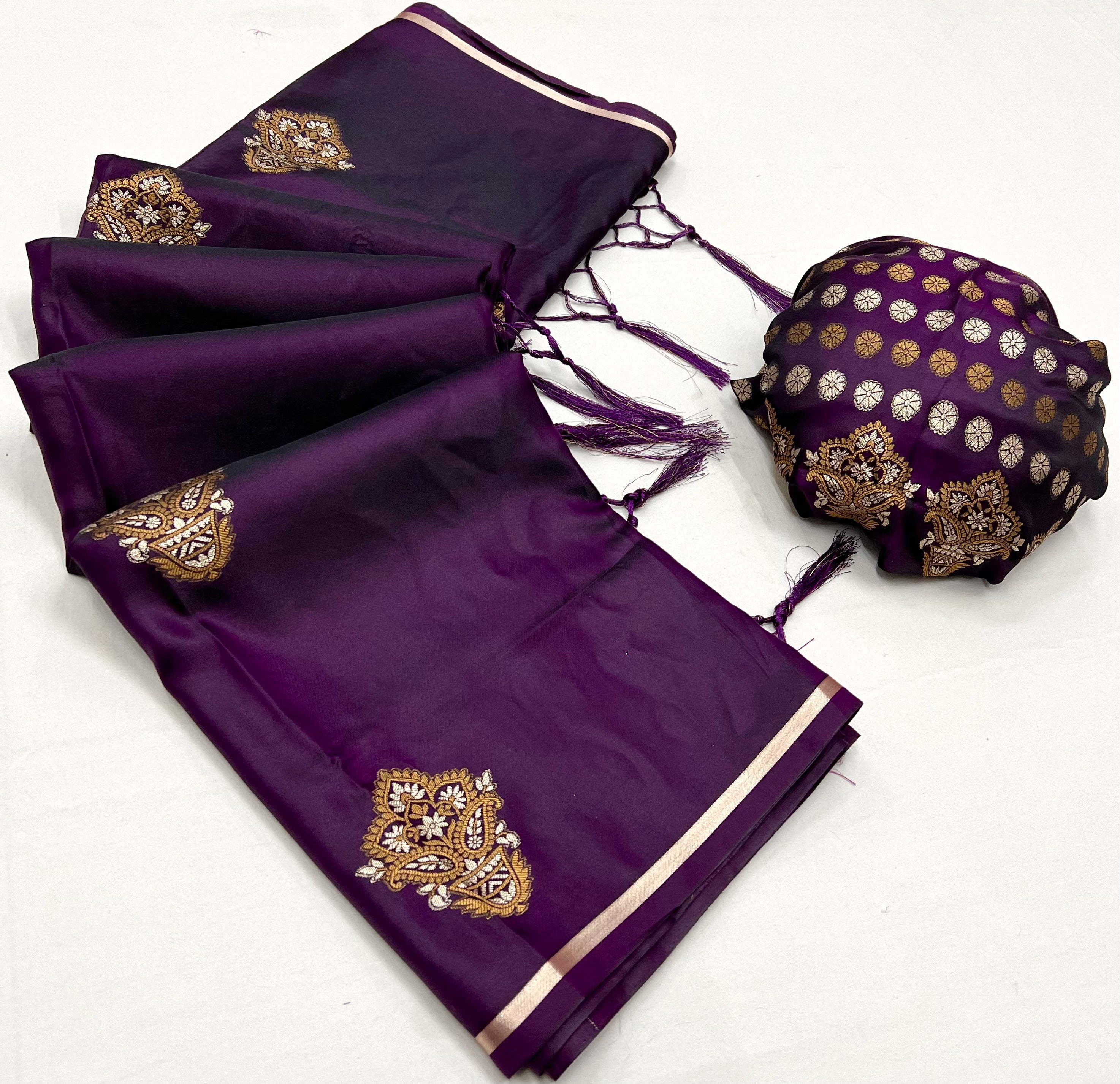 Eggplant Purple Woven Banarasi Satin Silk Saree