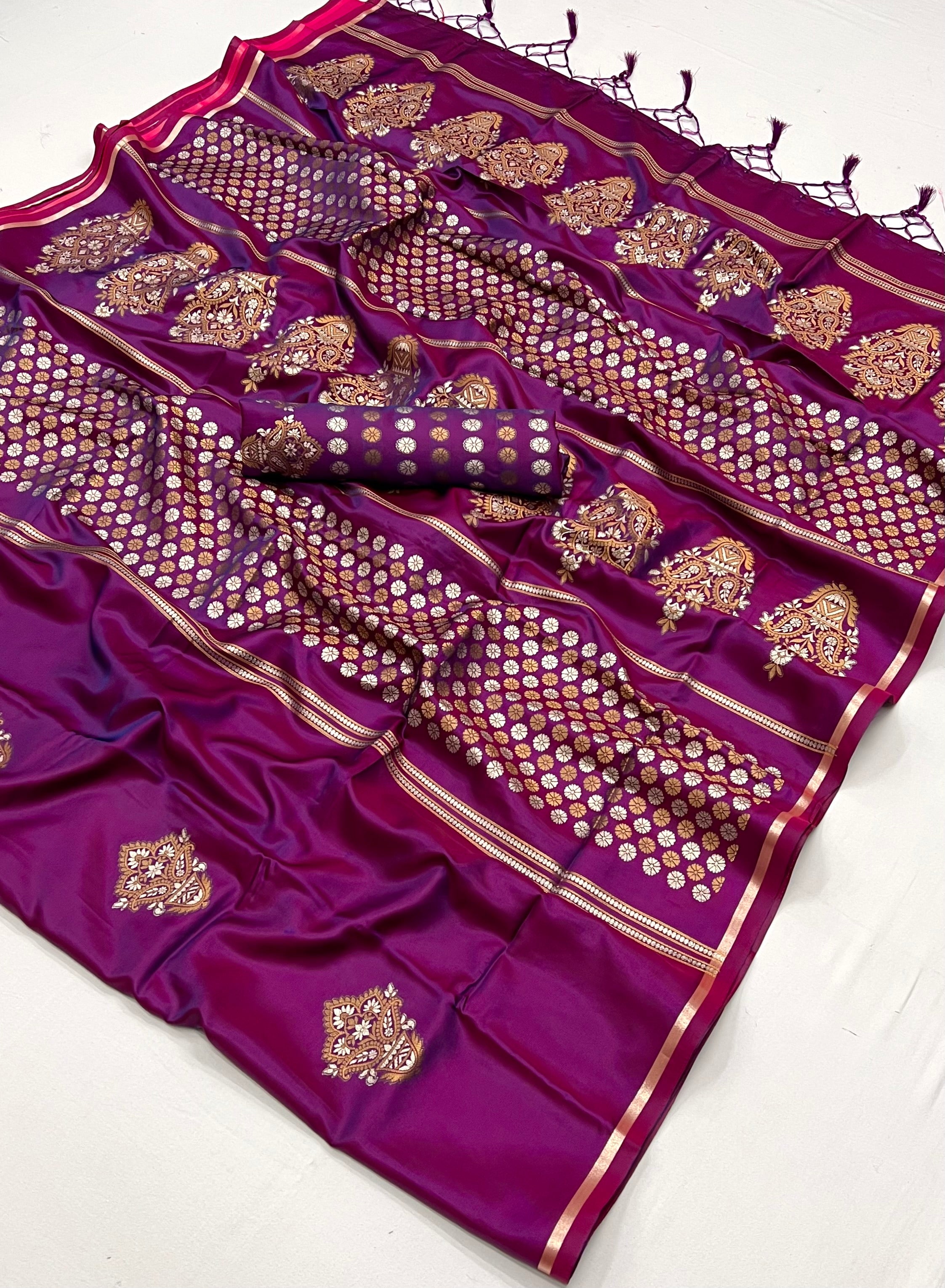 Strikemaster Purple Woven Banarasi Satin Silk Saree