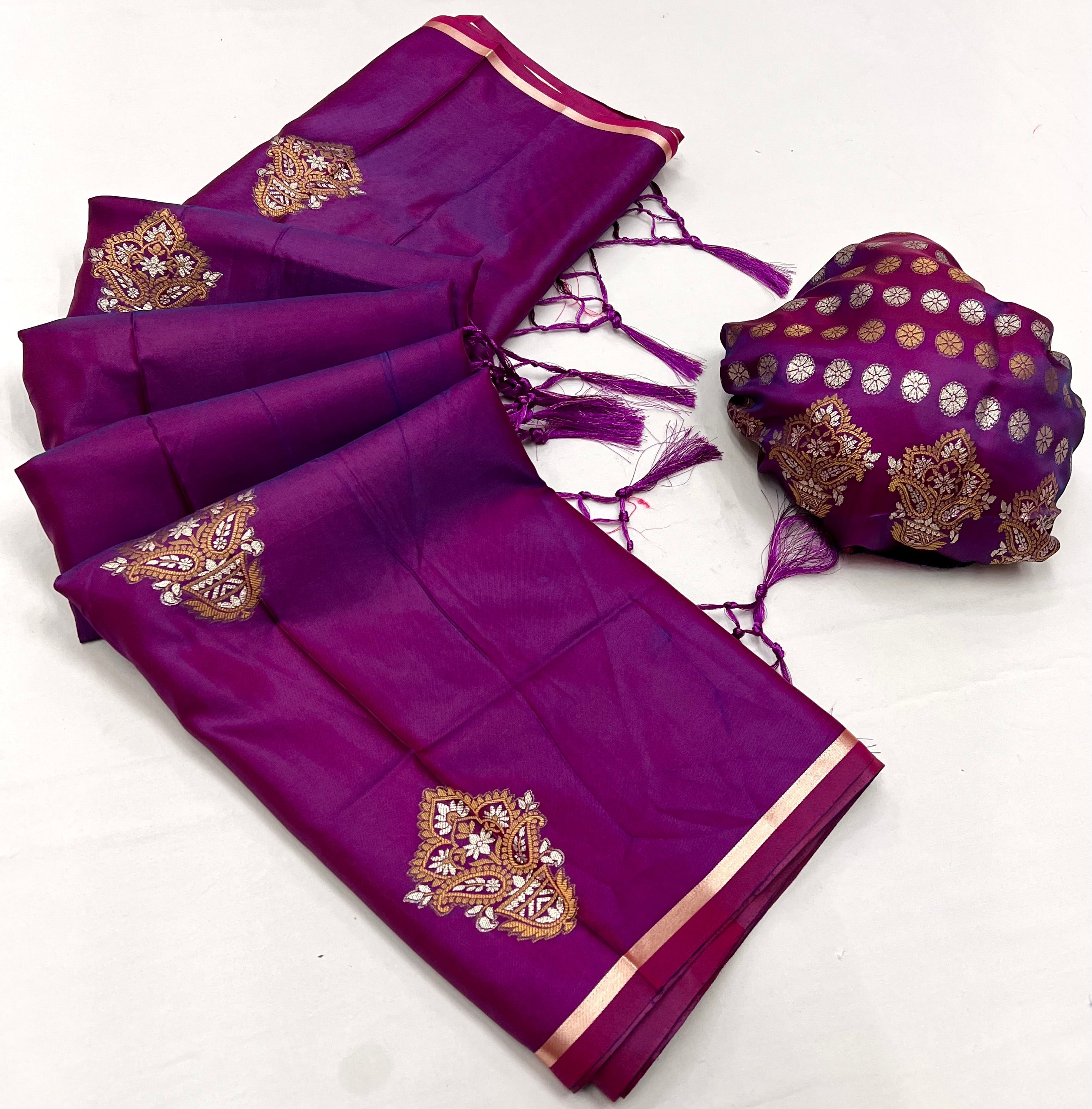 Strikemaster Purple Woven Banarasi Satin Silk Saree