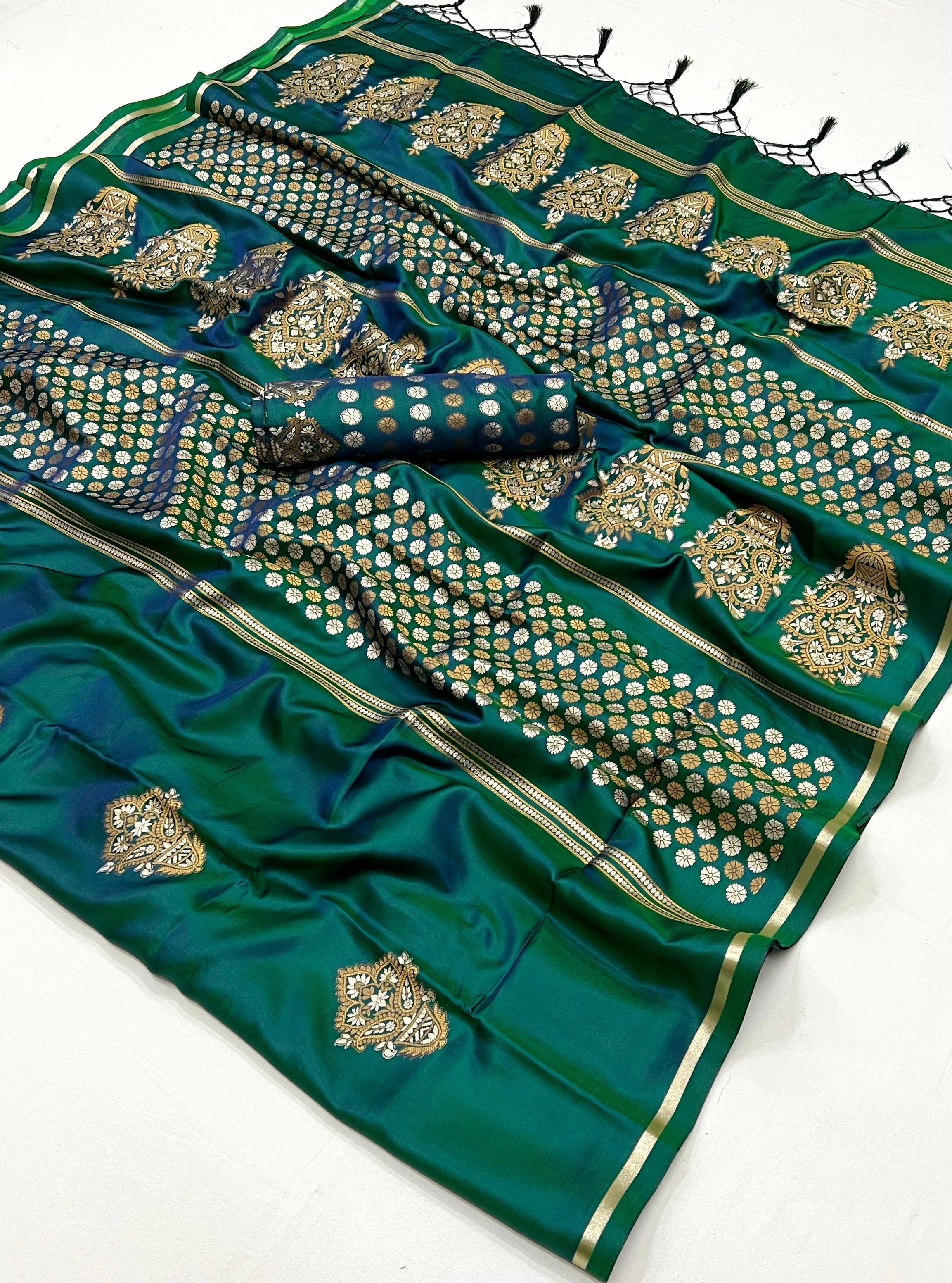 Killarney Green Woven Banarasi Satin Silk Saree