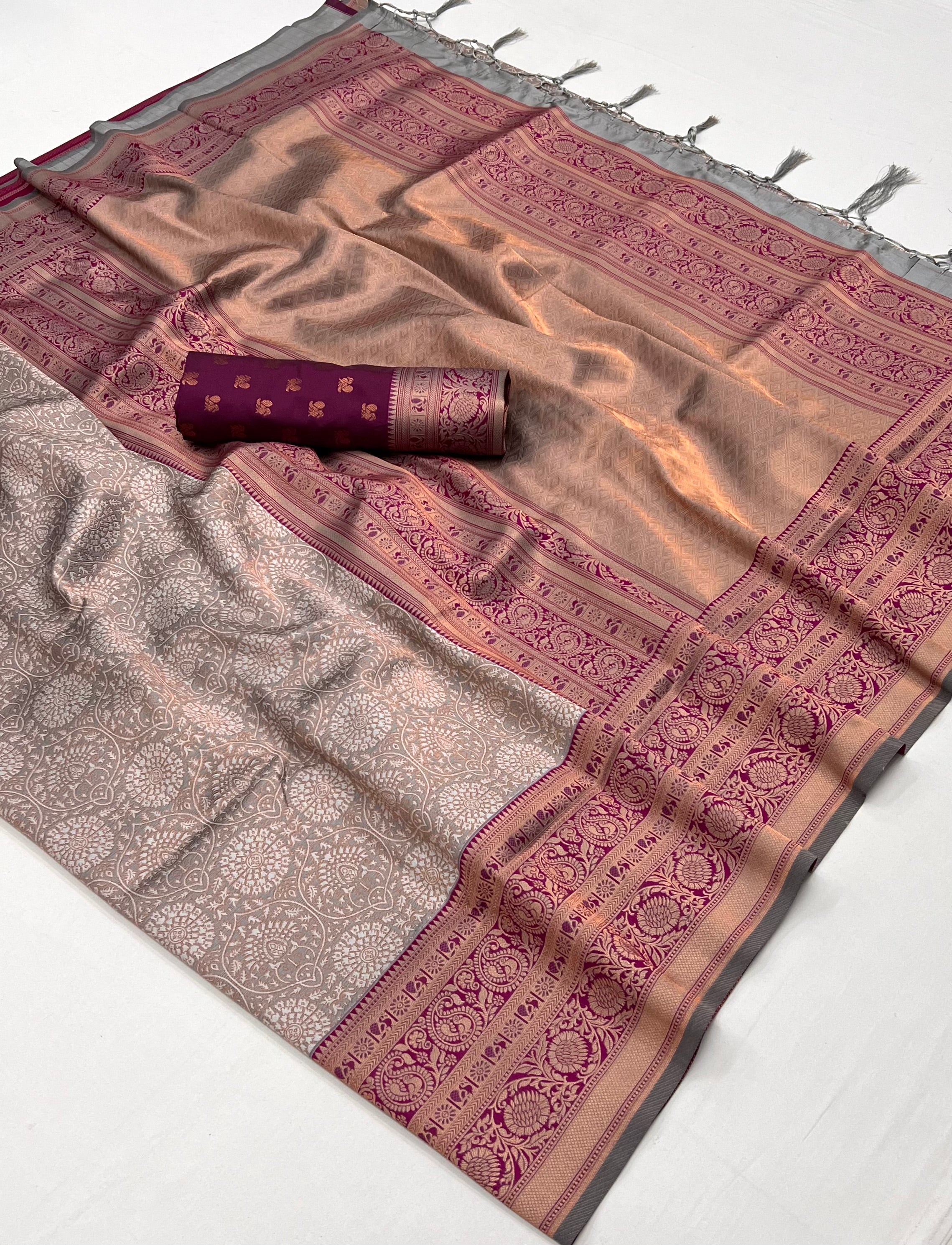 Almond Frost Brown Chaap Handloom kanjivaram silk Saree