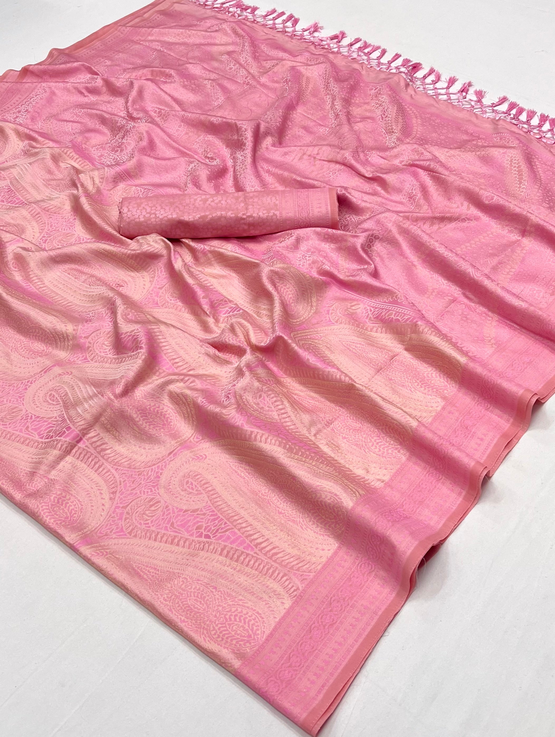 Pastel Pink Woven Kanjivaram Satin Silk Saree