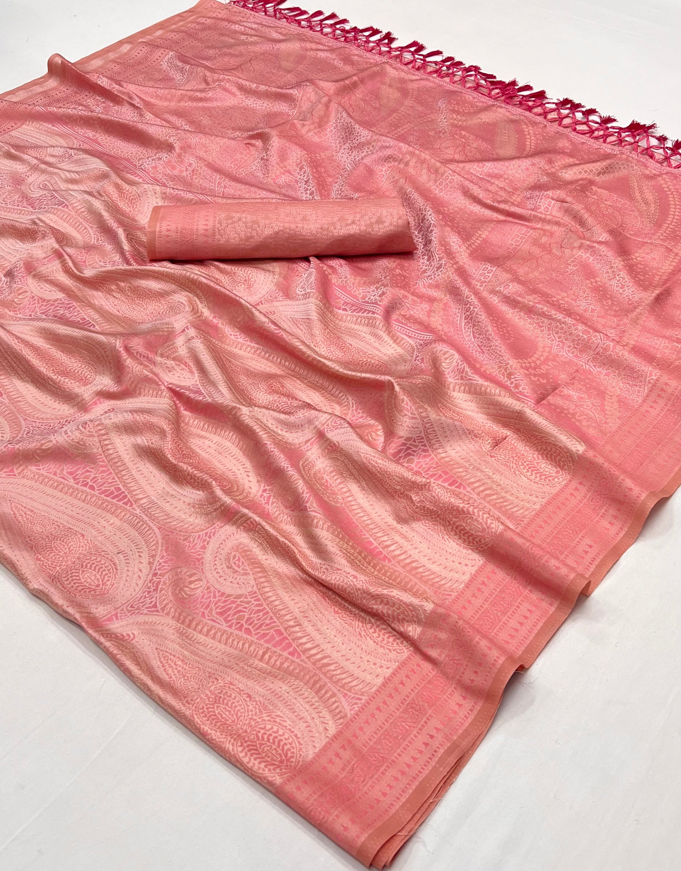 Apricot Peach Woven Kanjivaram Satin Silk Saree