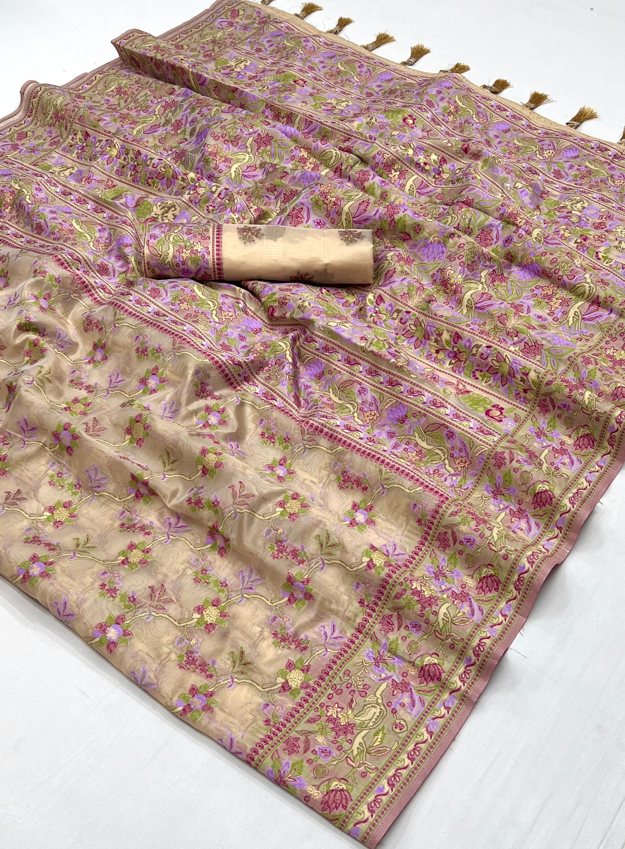 Eunry Pink Organza Handloom Parsi Saree