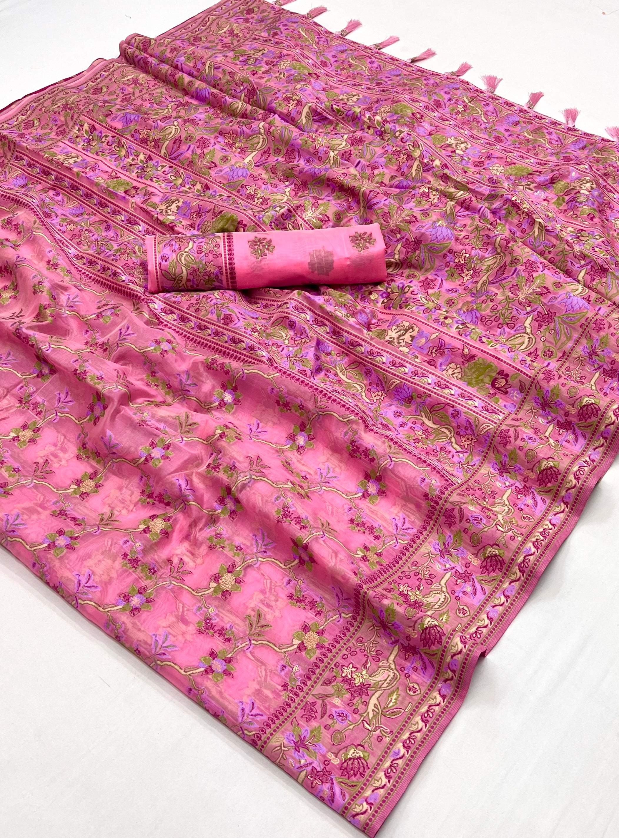 My Pink Organza Handloom Parsi Saree