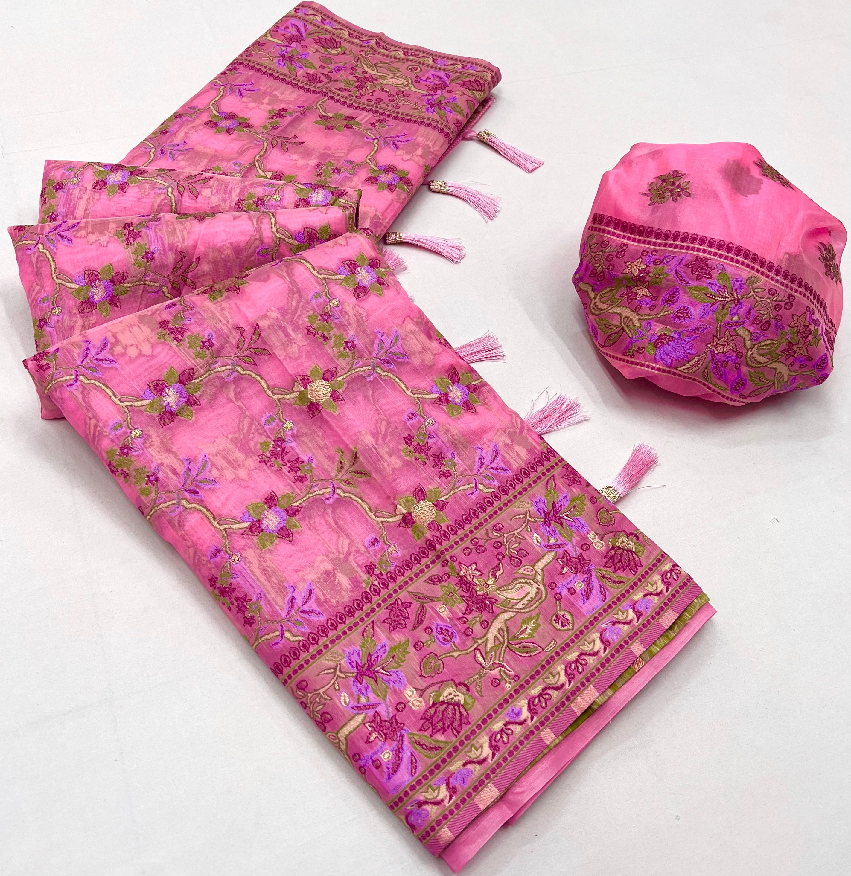 My Pink Organza Handloom Parsi Saree