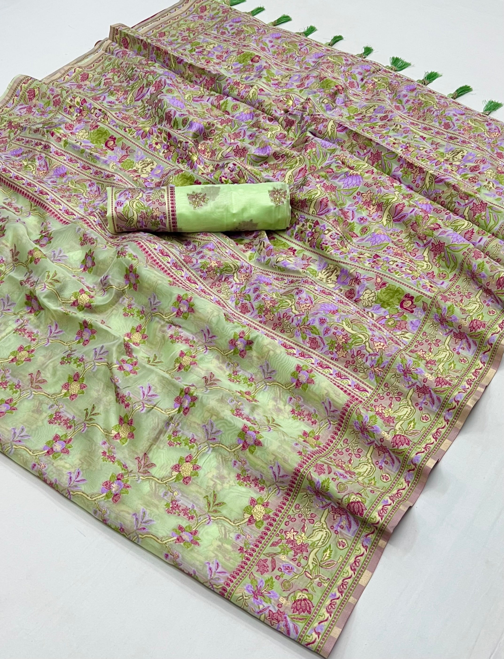 Pista Green Organza Handloom Parsi Saree