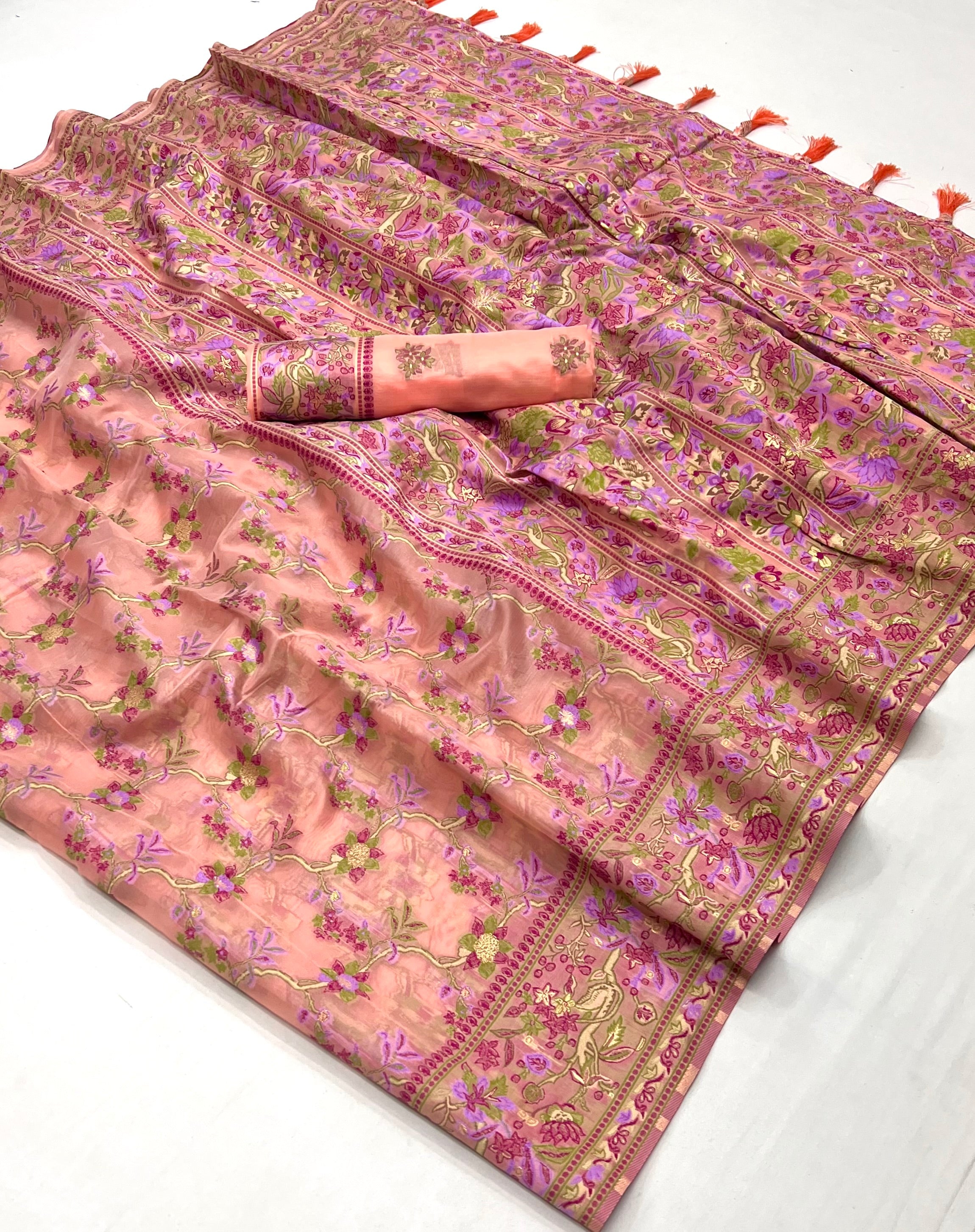 Plum Peach Organza Handloom Parsi Saree