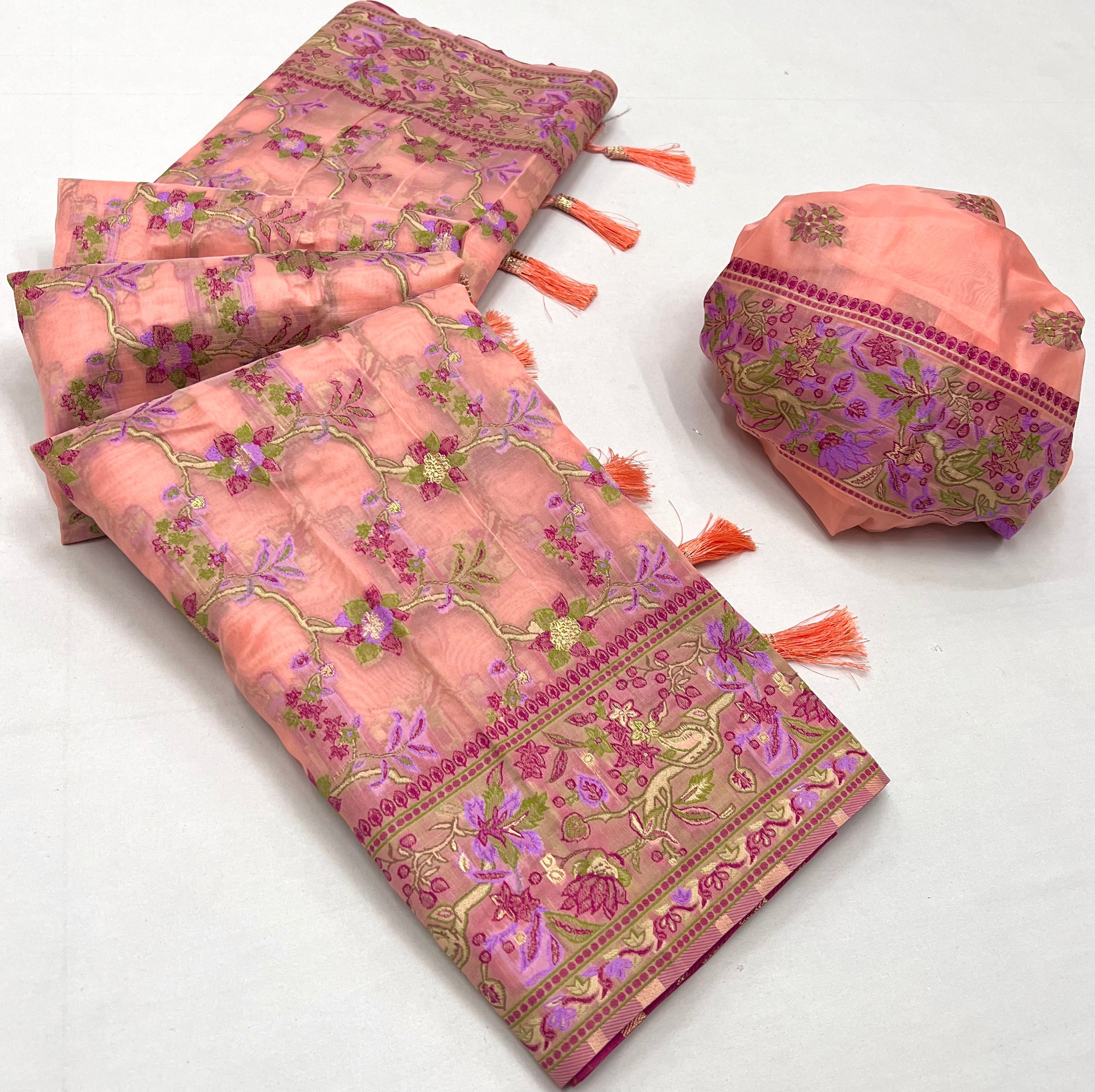 Plum Peach Organza Handloom Parsi Saree