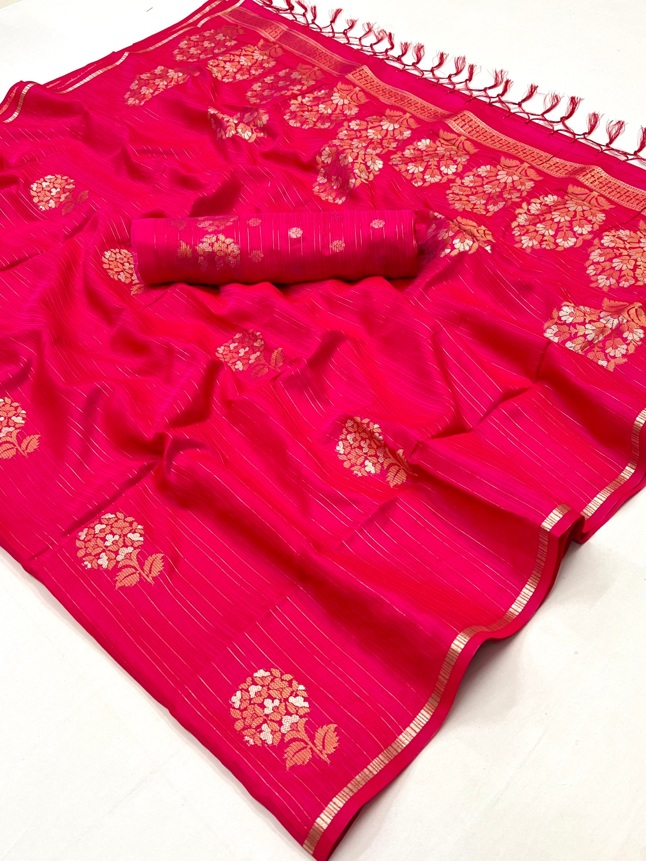 Dingy Dungeon Pink Woven Banarasi Satin Silk Saree