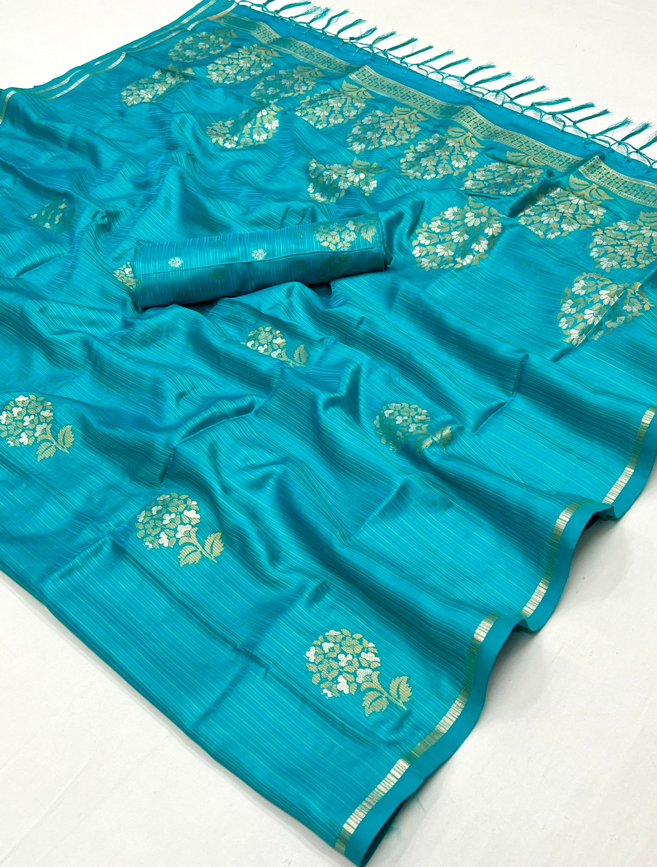 Pacific Blue Woven Banarasi Satin Silk Saree