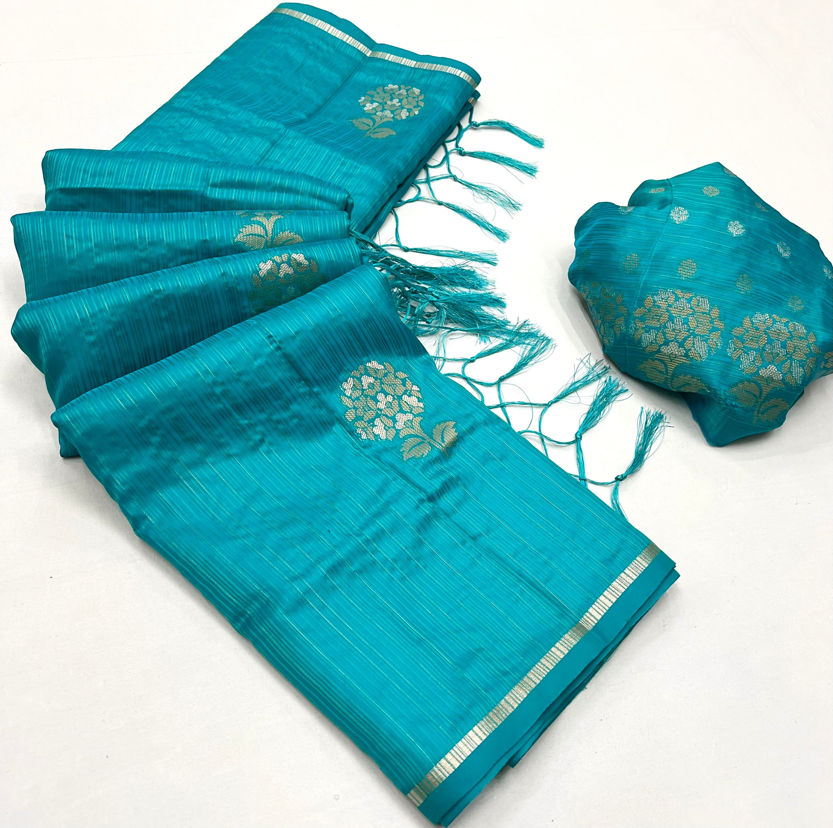 Pacific Blue Woven Banarasi Satin Silk Saree