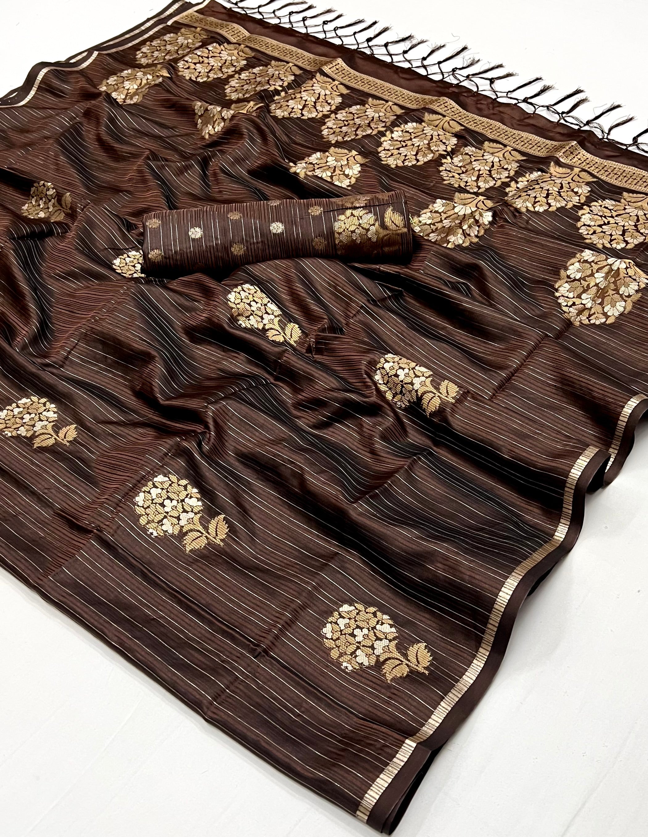 English Walnut Brown Woven Banarasi Satin Silk Saree