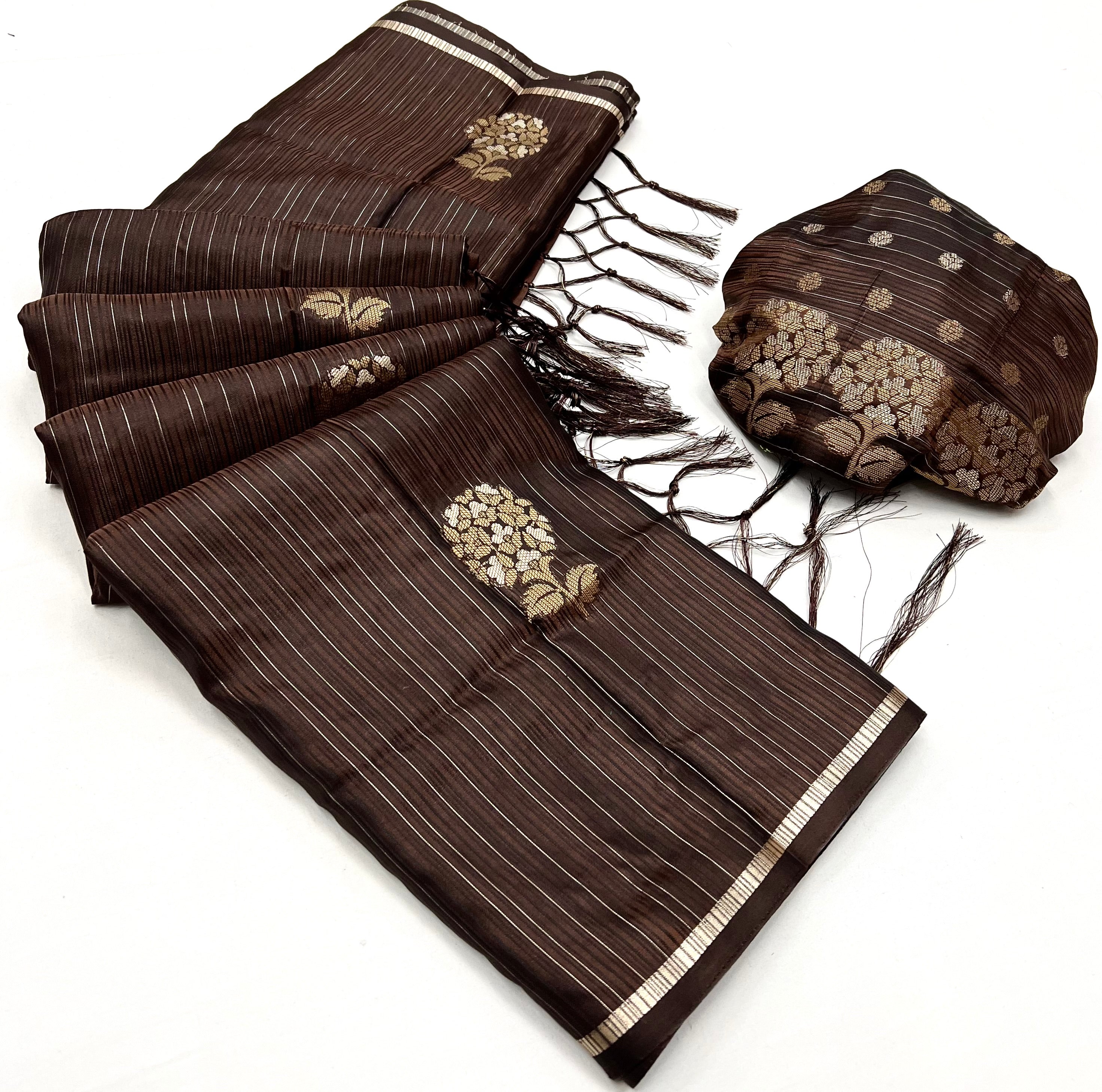 English Walnut Brown Woven Banarasi Satin Silk Saree