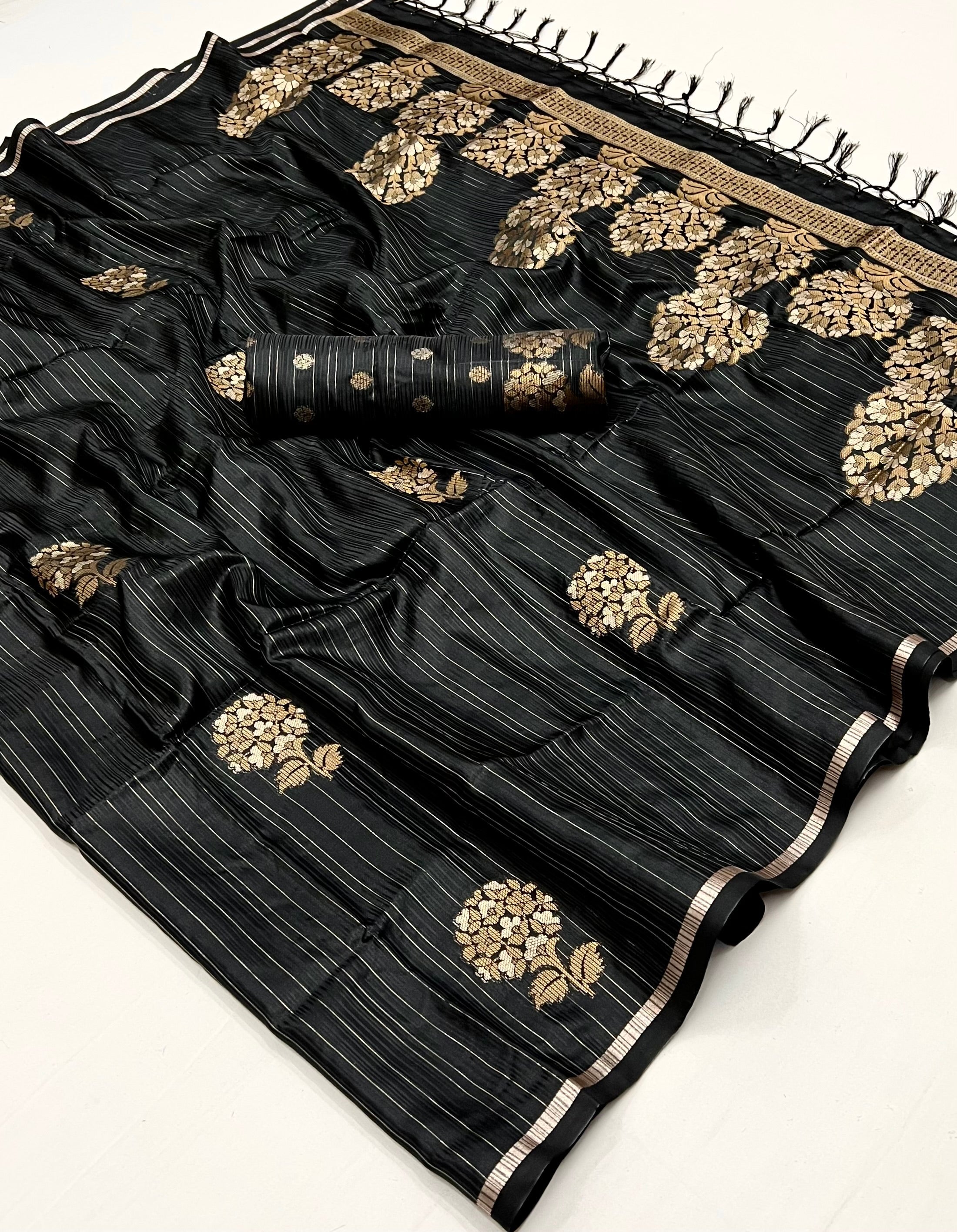 Tundora Black Woven Banarasi Satin Silk Saree