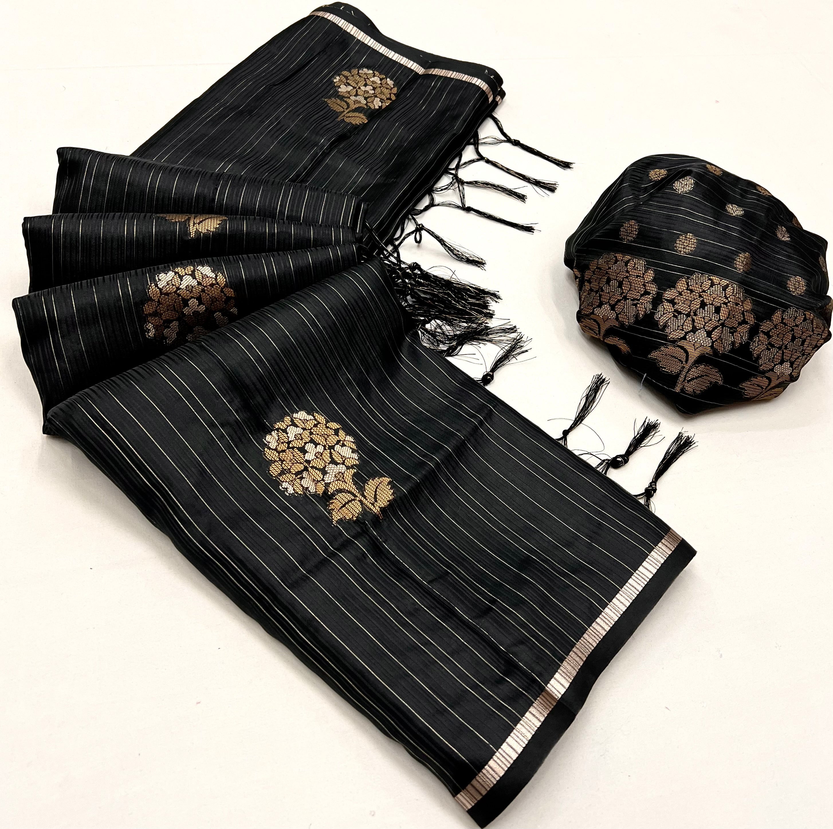 Tundora Black Woven Banarasi Satin Silk Saree