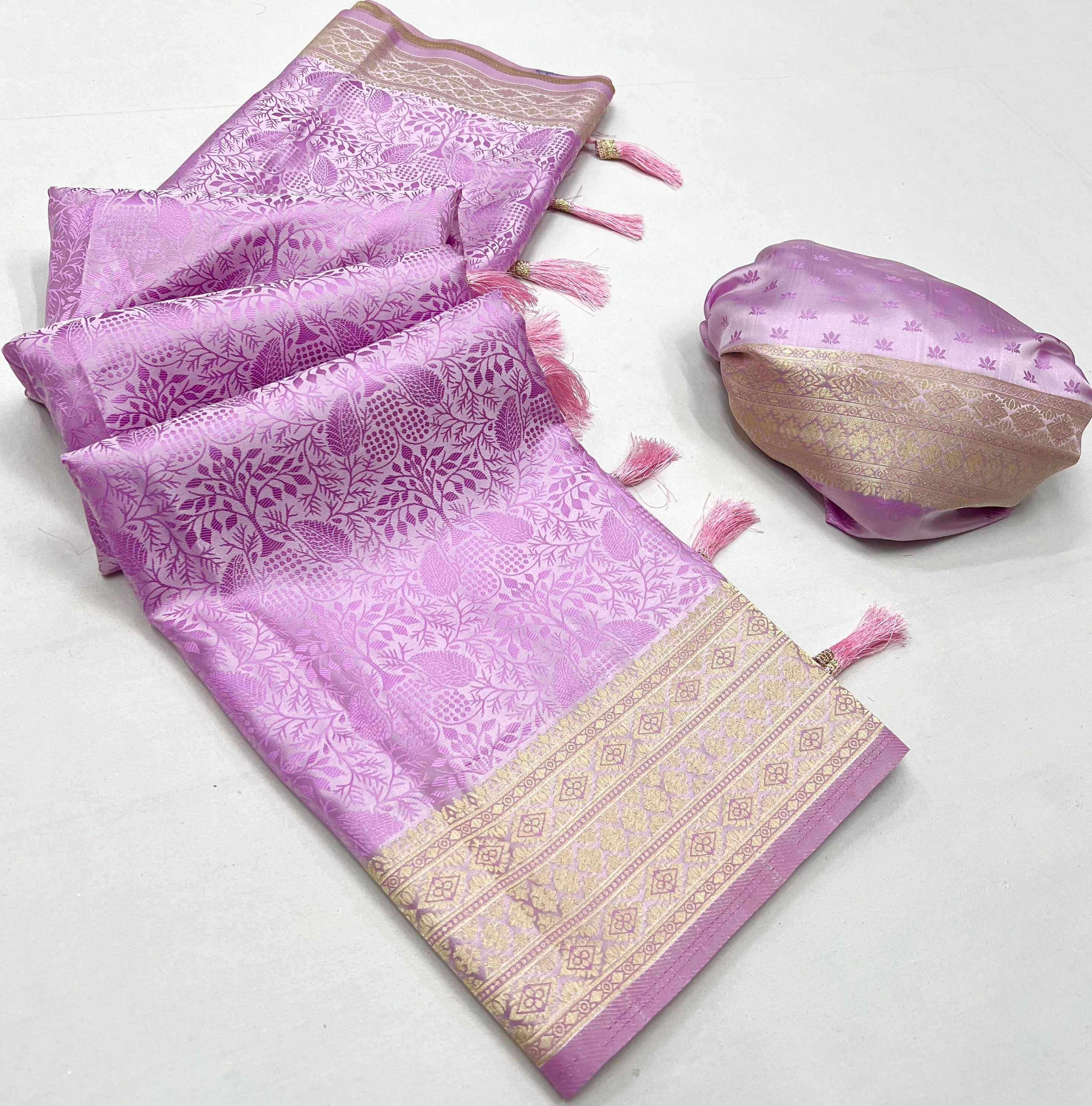 Biloba Flower Purple Woven Banarasi Satin Silk Saree