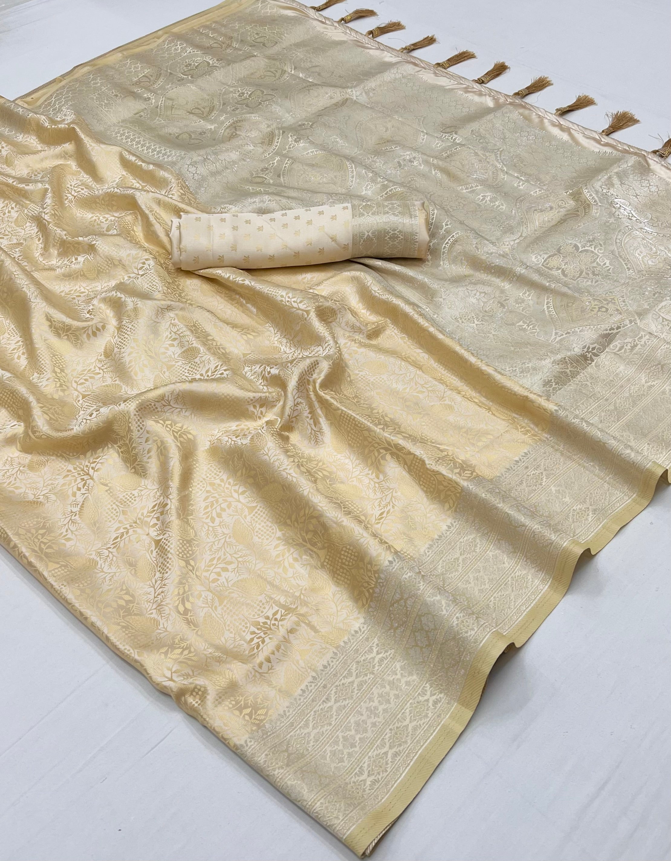 Cashmere Cream Woven Banarasi Satin Silk Saree