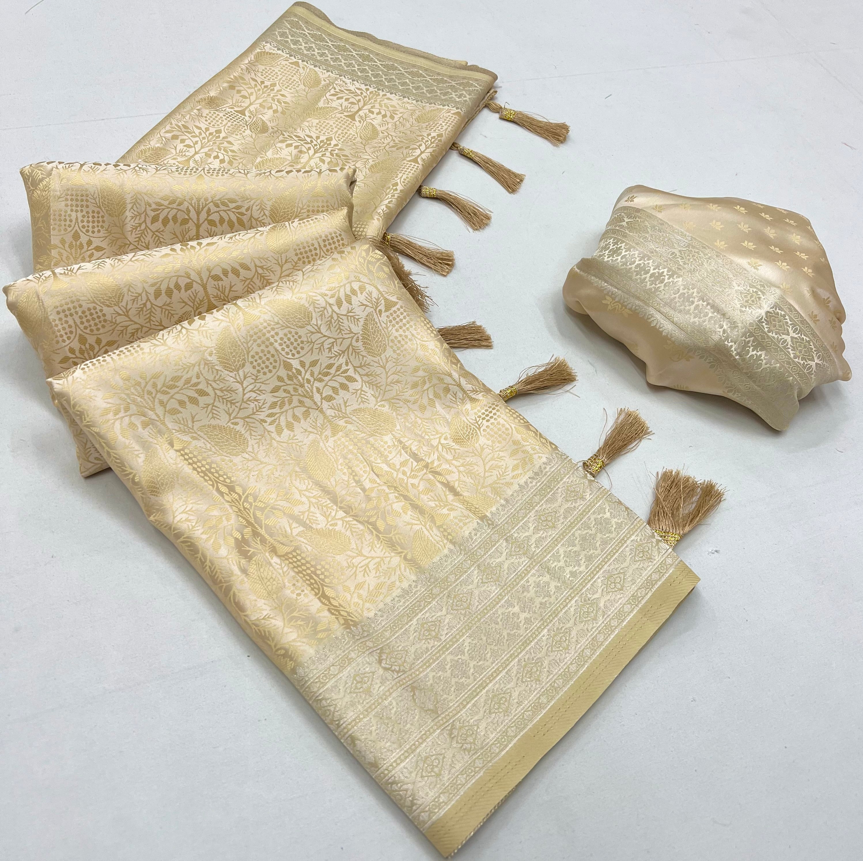 Cashmere Cream Woven Banarasi Satin Silk Saree