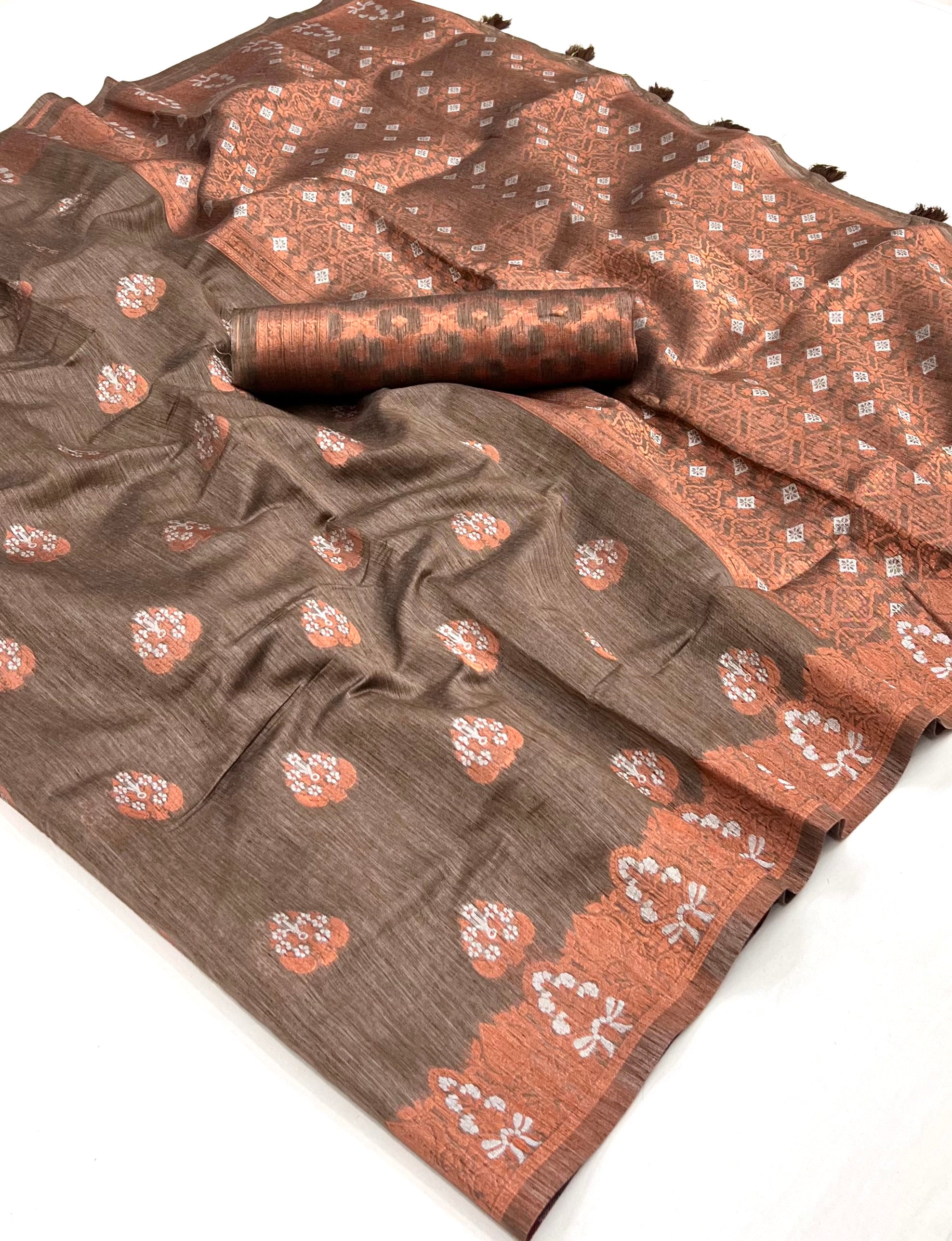 Irish Coffee Brown Bronze Zari Woven Linen Silk Saree