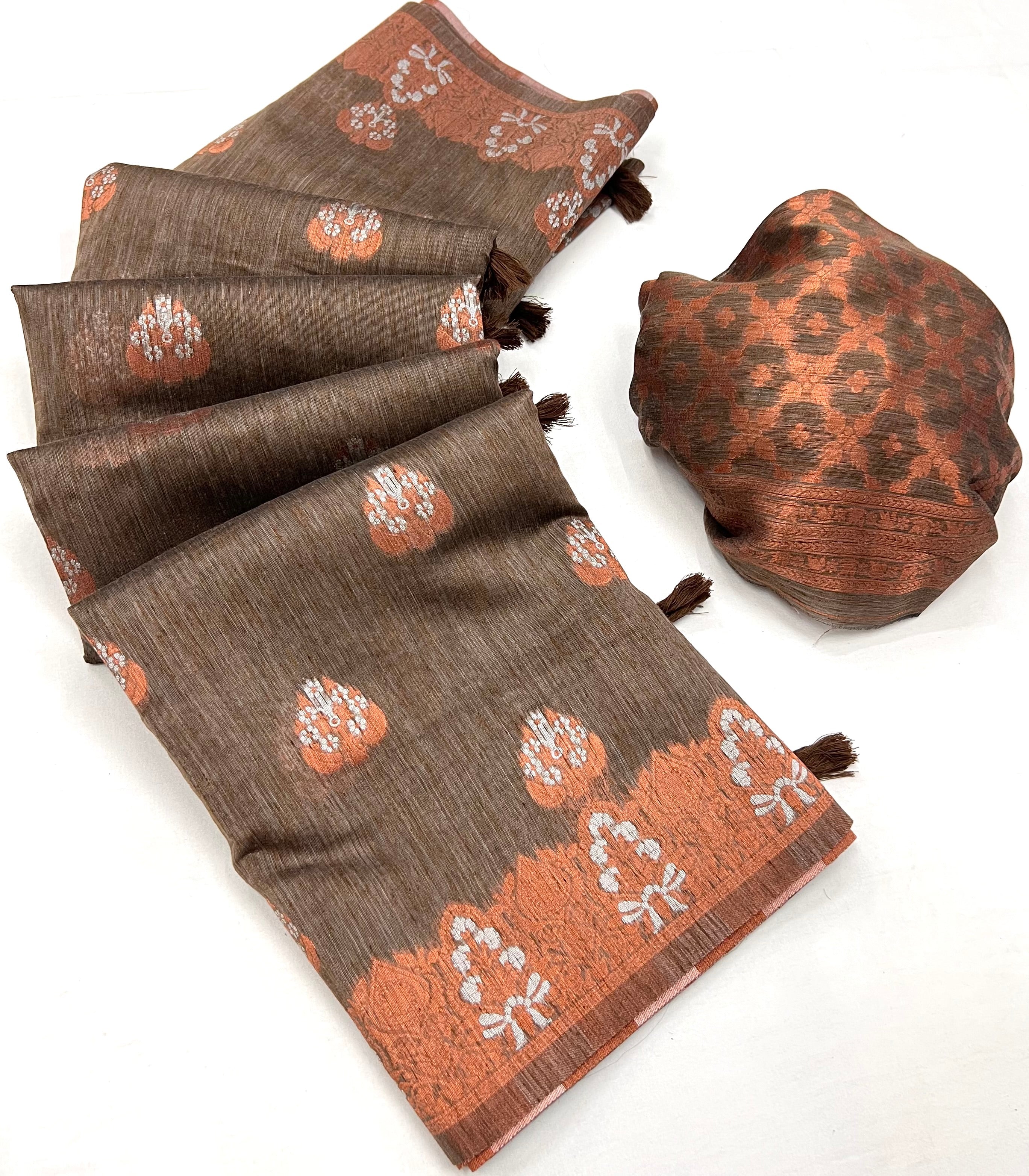 Irish Coffee Brown Bronze Zari Woven Linen Silk Saree