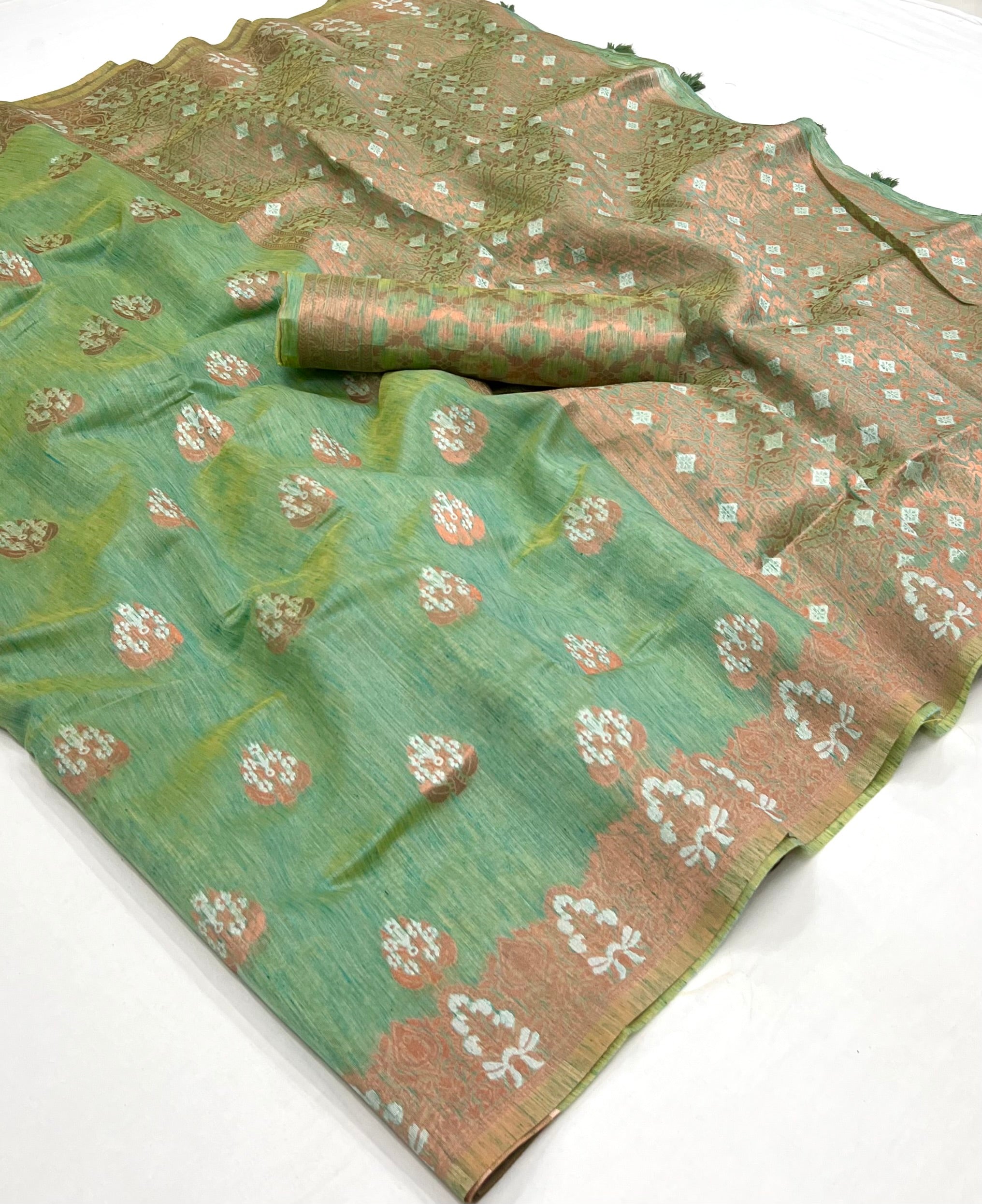 Limed Ash Green Bronze Zari Woven Linen Silk Saree