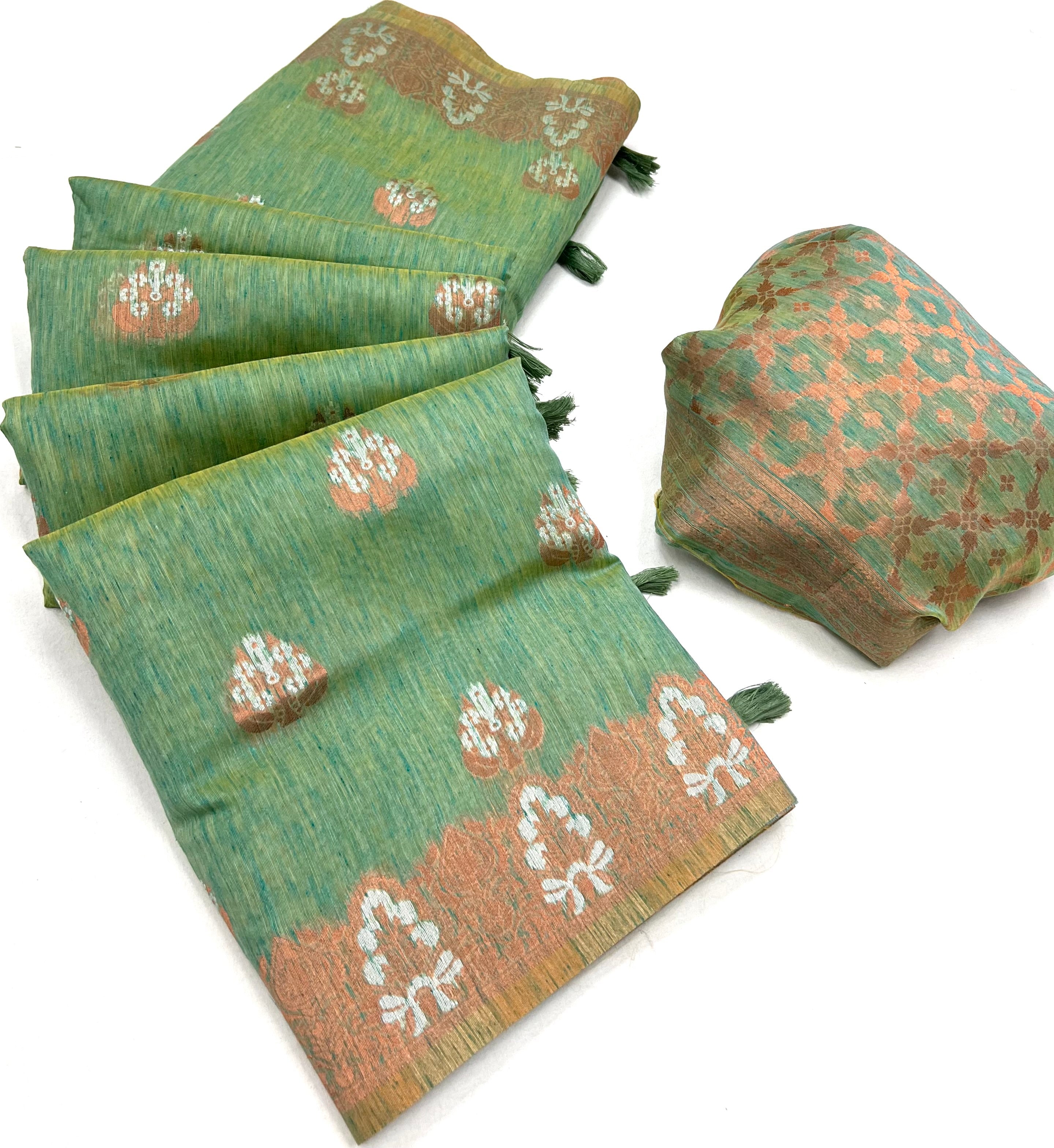 Limed Ash Green Bronze Zari Woven Linen Silk Saree