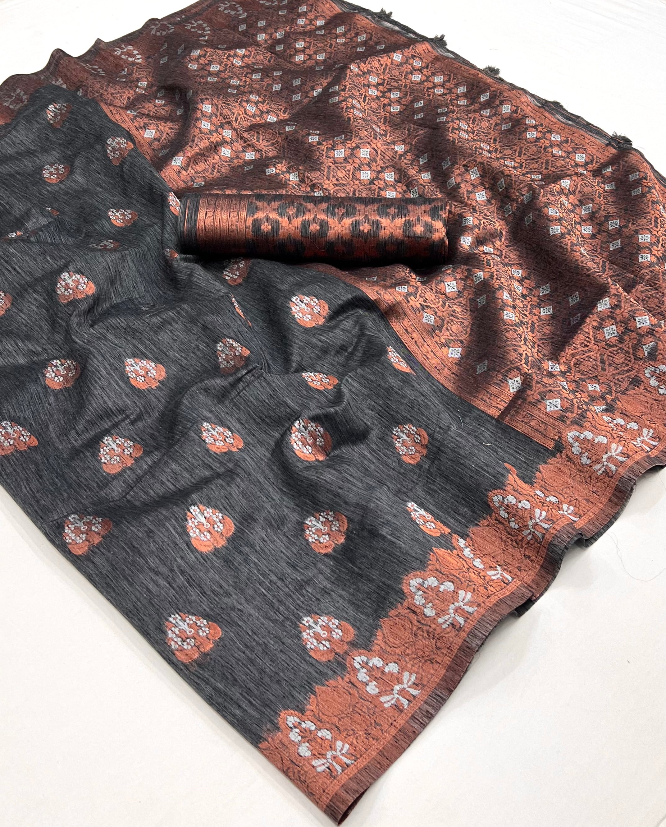 Pine Cone Grey Bronze Zari Woven Linen Silk Saree