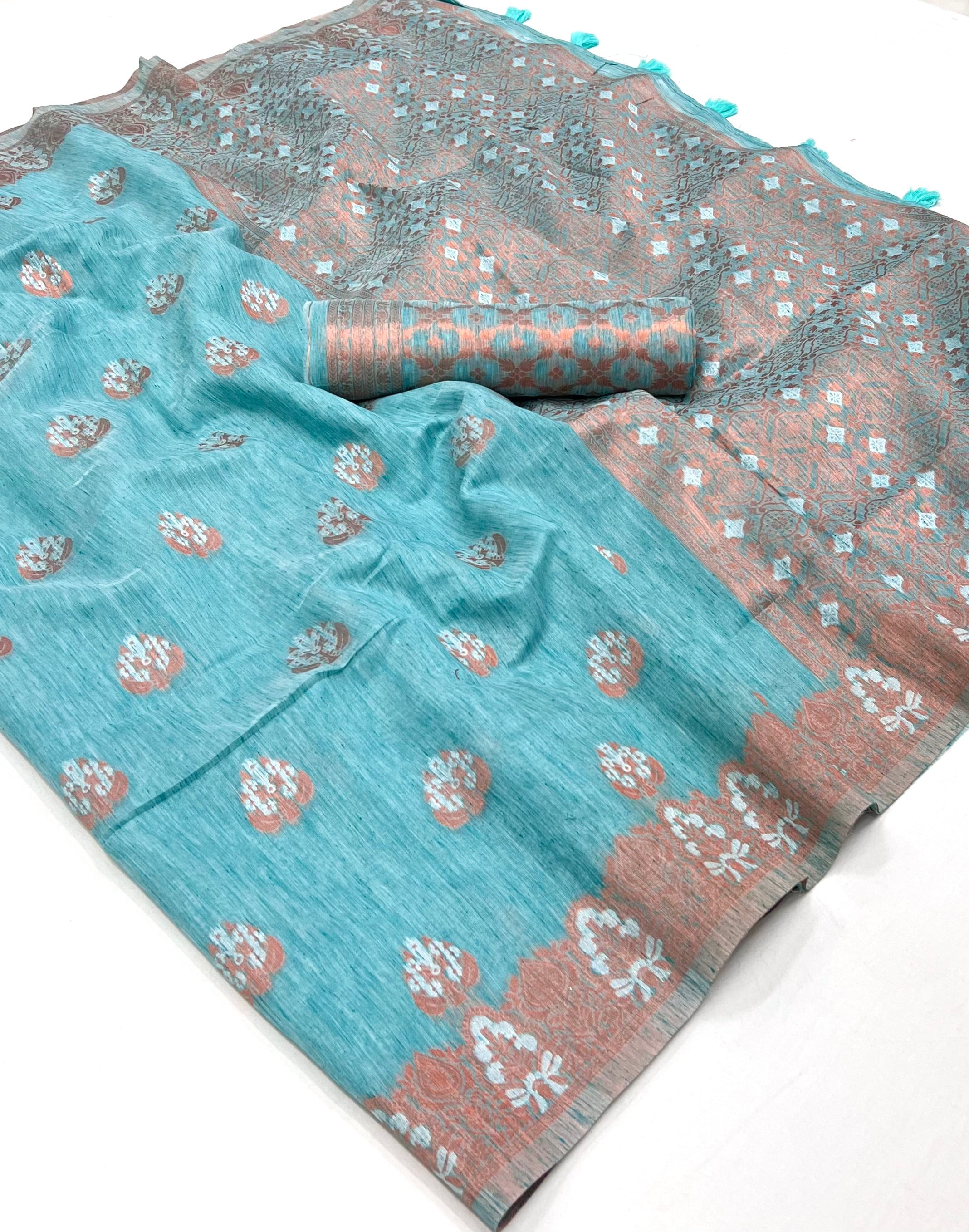 Shadow Blue Bronze Zaro Woven Linen Silk Saree