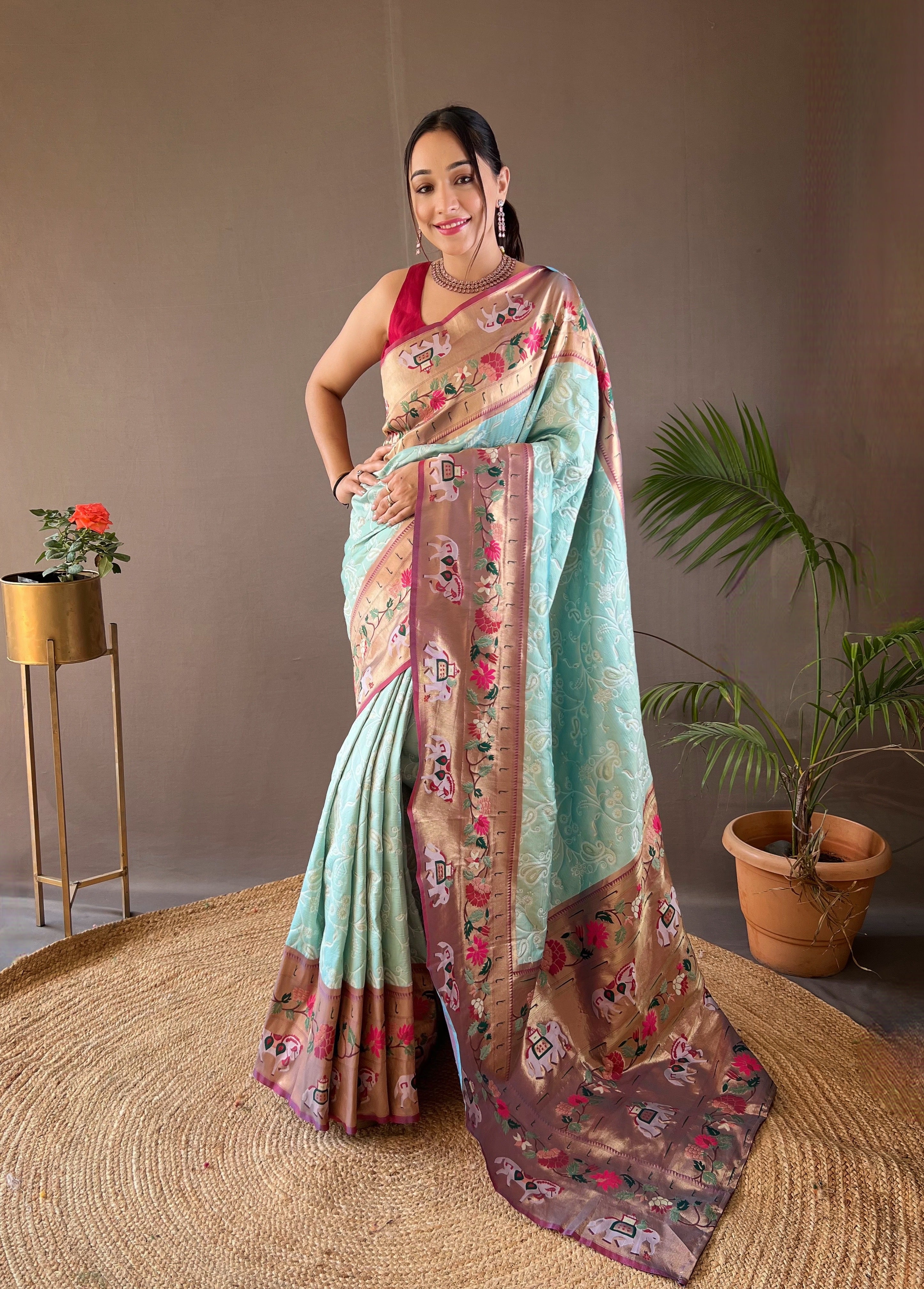 Aqua Color Woven Paithani Patola Fusion Saree