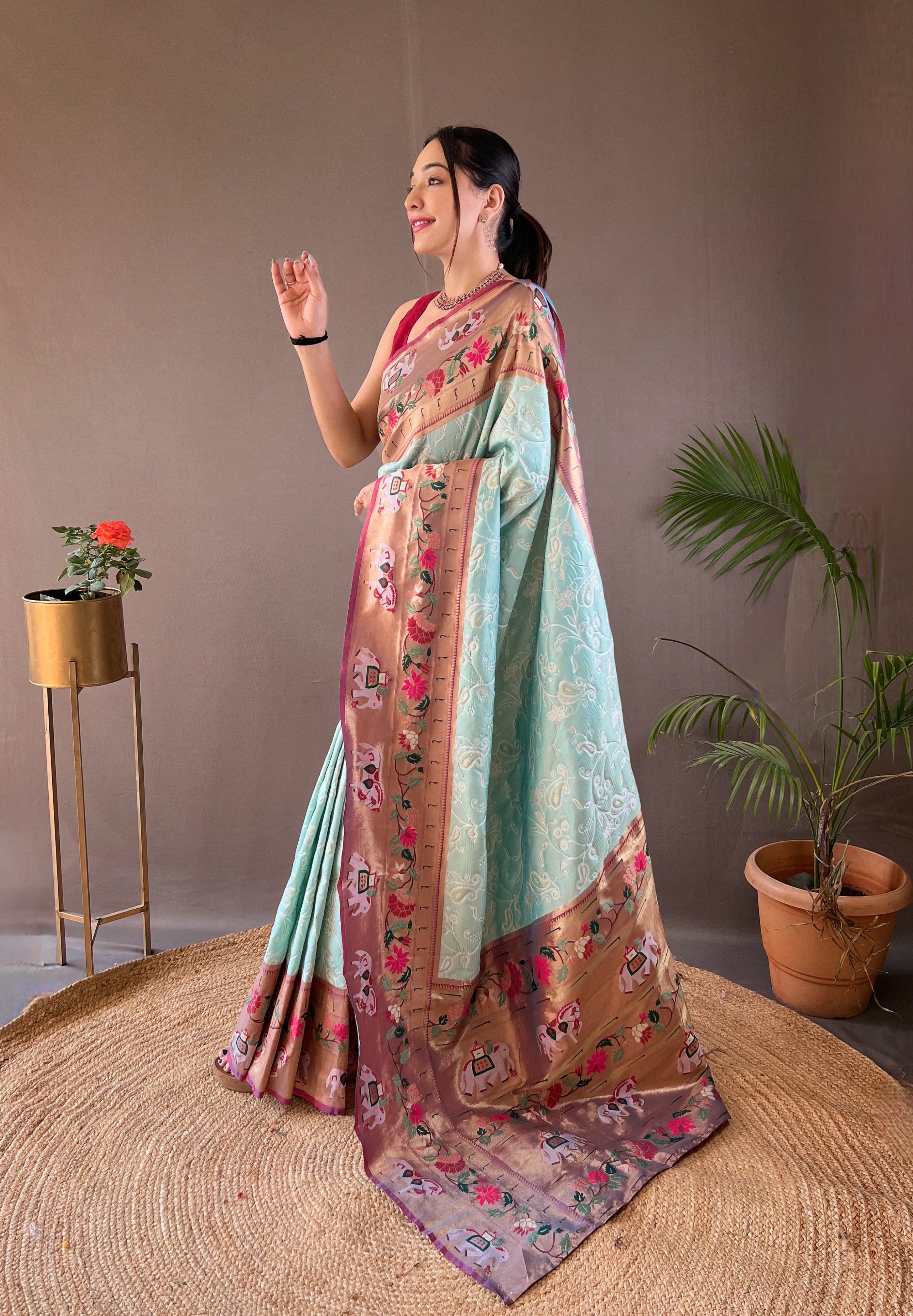 Aqua Color Woven Paithani Patola Fusion Saree