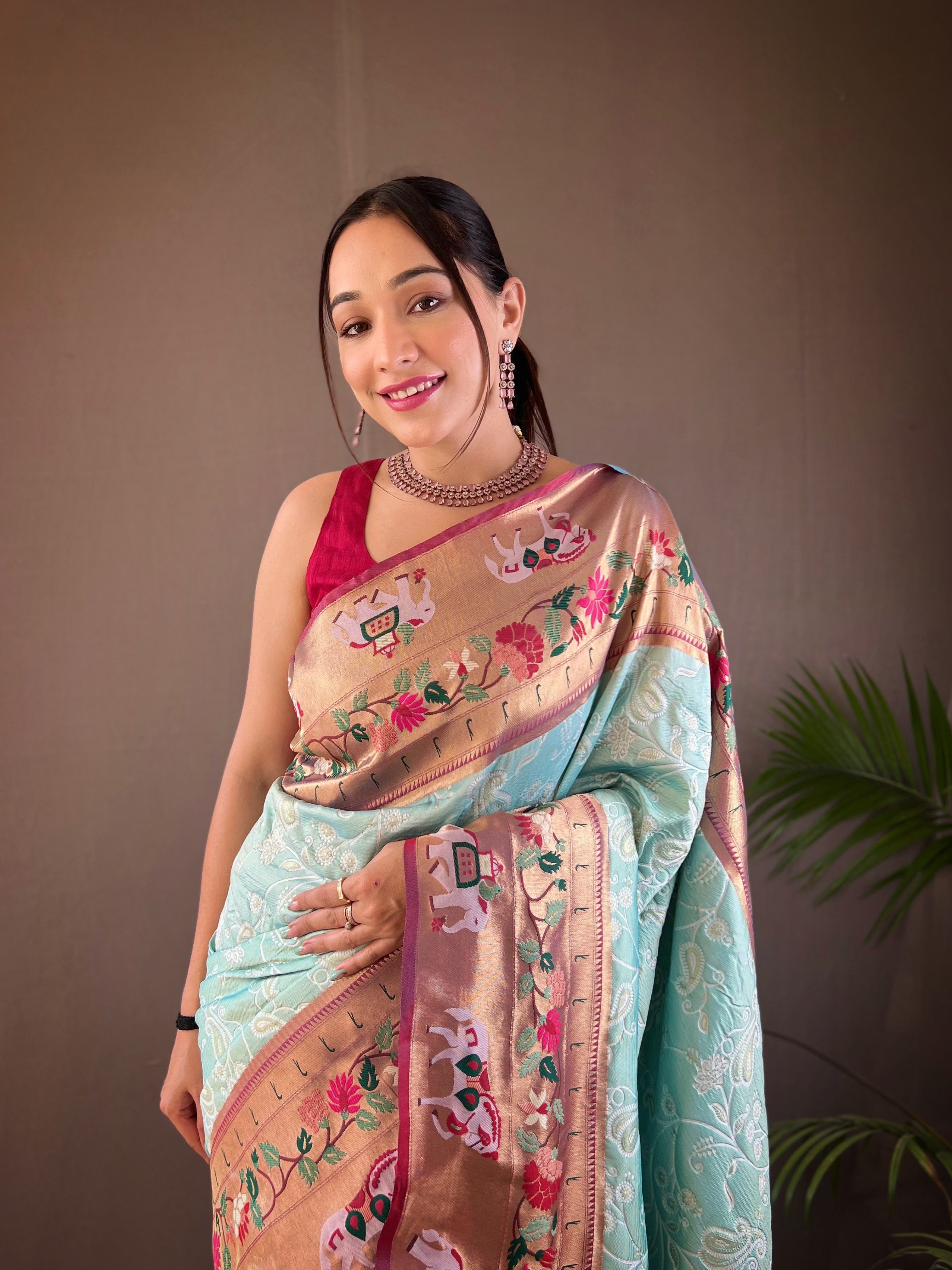 Aqua Color Woven Paithani Patola Fusion Saree