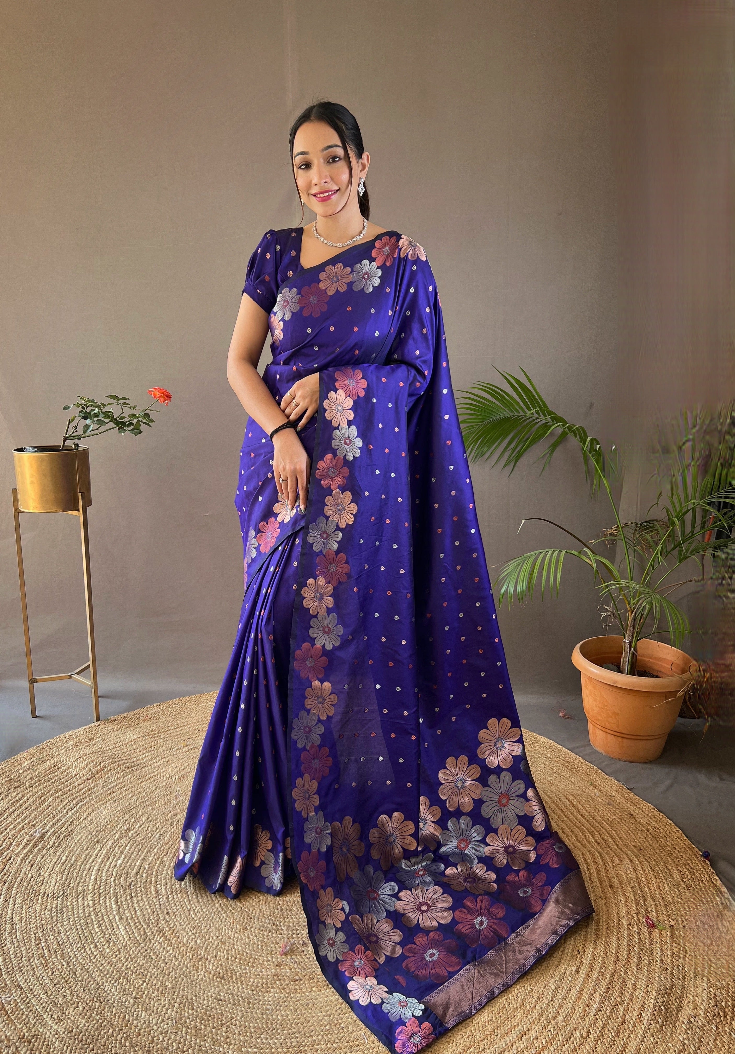 Minsk Blue Woven Floral Designer Silk Saree