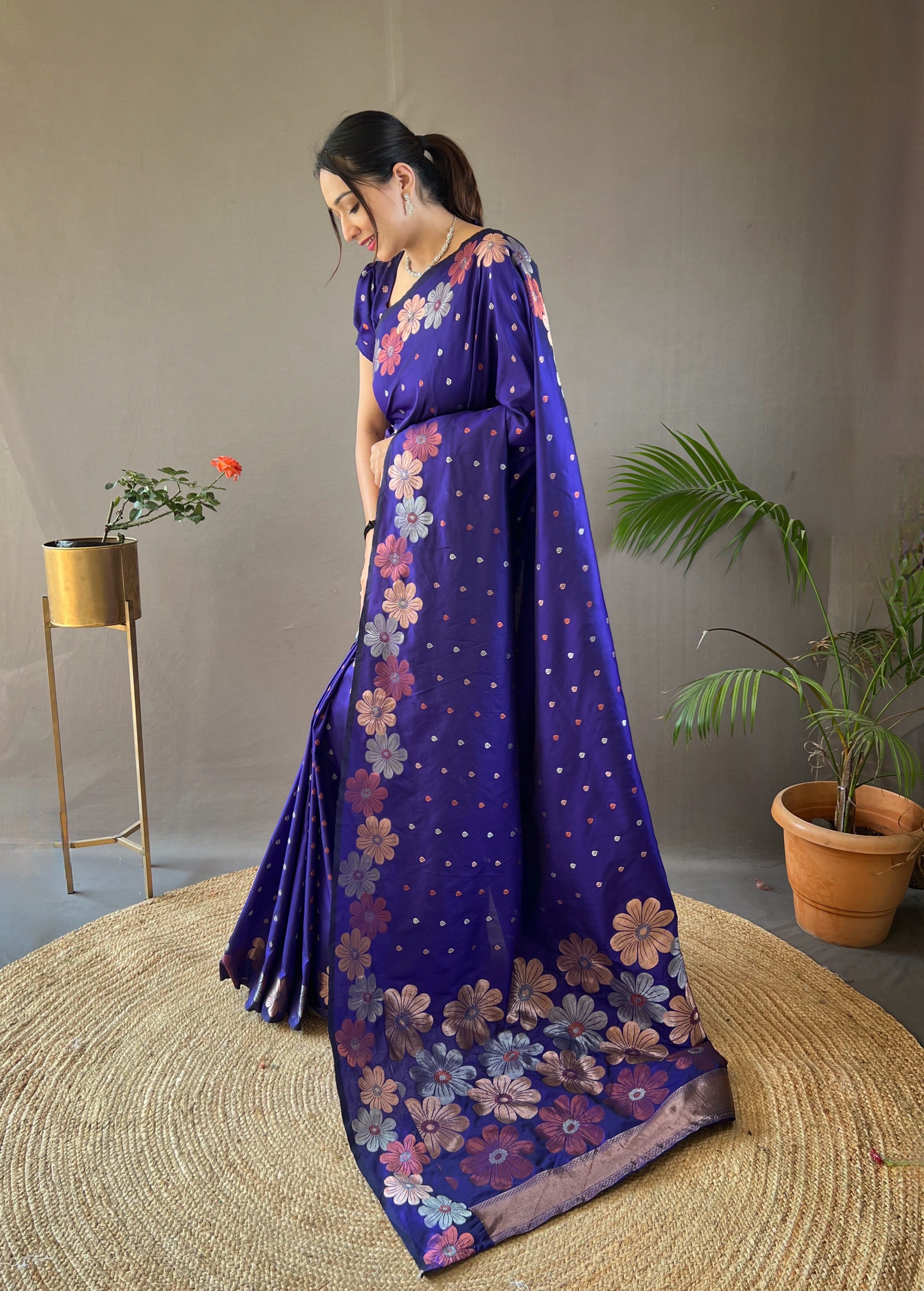 Minsk Blue Woven Floral Designer Silk Saree